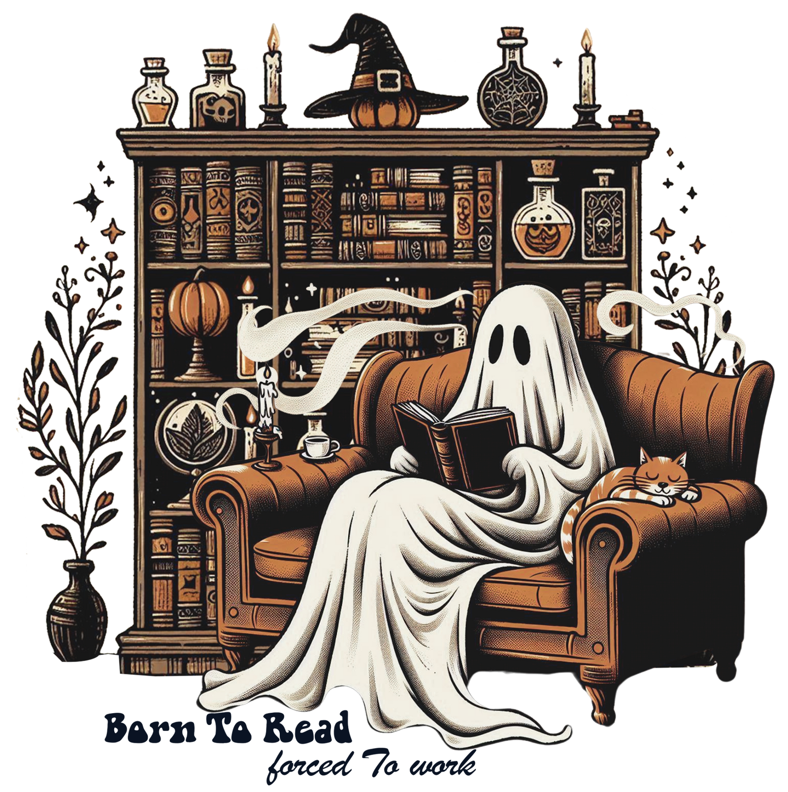 Ghost reading a book in a leather armchair with a sleeping cat in front of a bookshelf with Born To Read Forced To Work text