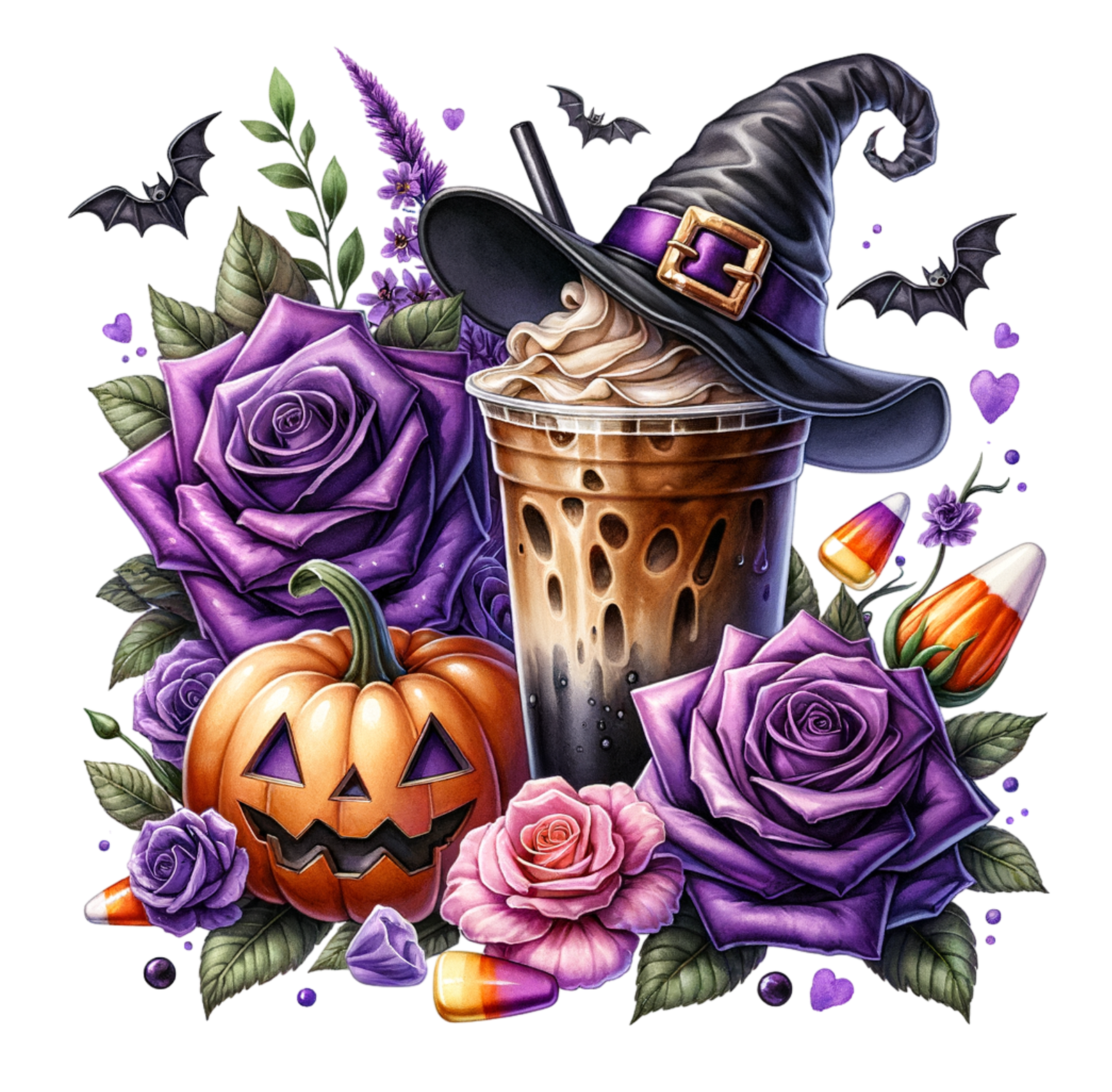 Iced coffee in a witch hat with purple roses, jack-o-lantern, candy corn and bats