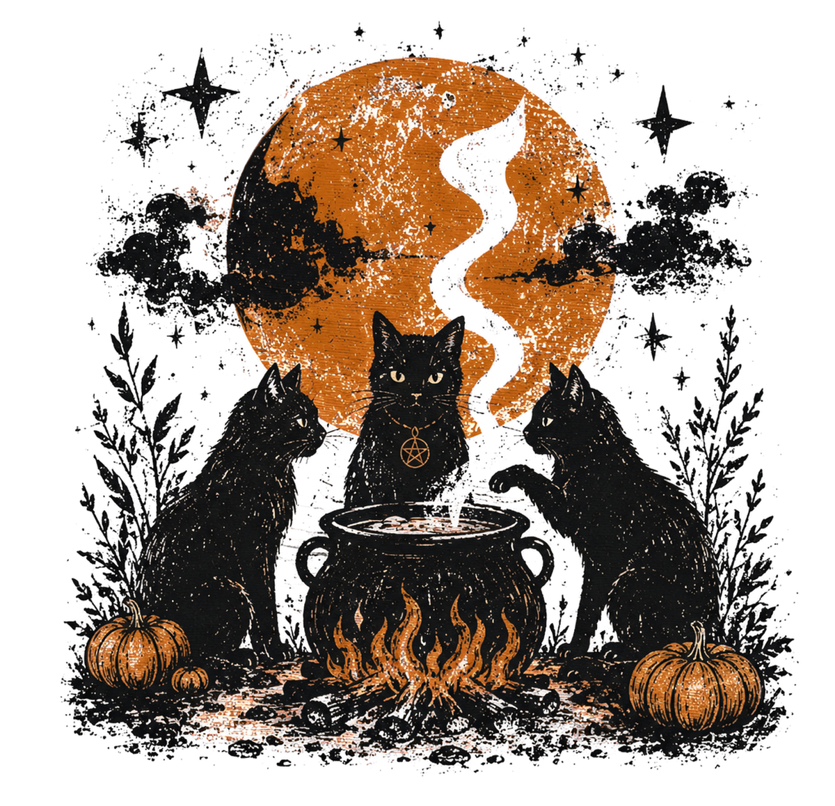 Three black cats around a bubbling cauldron over a fire in front of an orange full moon with pumpkins