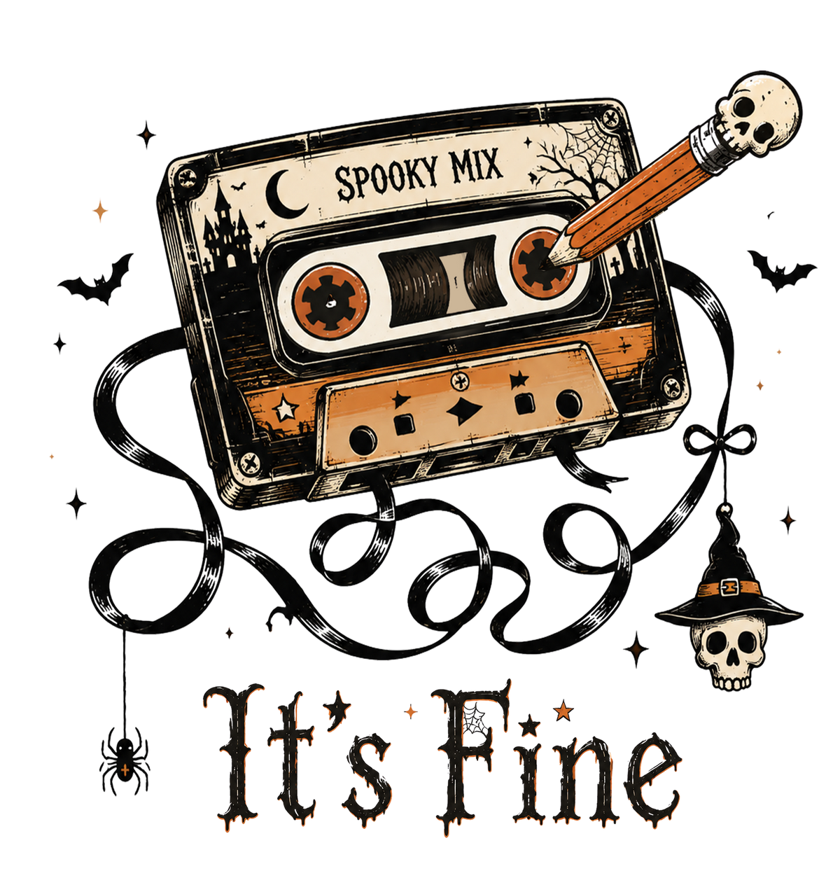 Spooky Mix cassette tape with tangled tape, skull pencil, spider and skull in a witch hat above It's Fine text