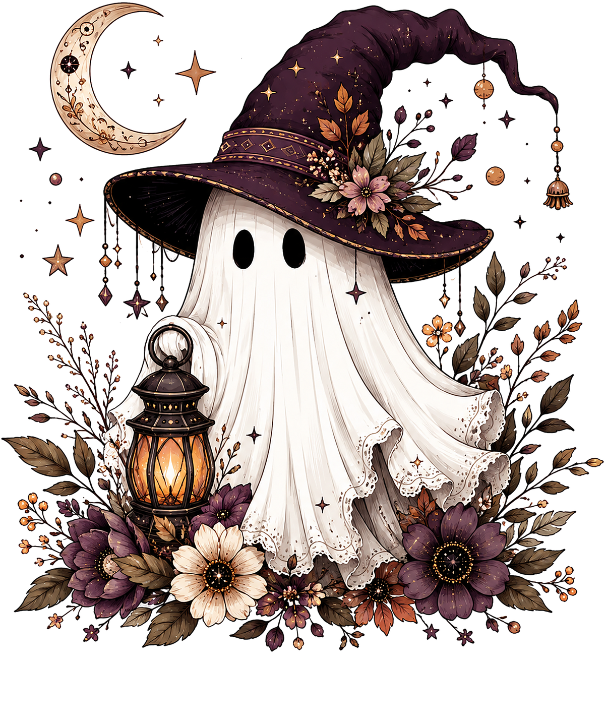 Lace ghost in a plum witch hat holding a glowing lantern surrounded by burgundy and purple florals and a crescent moon