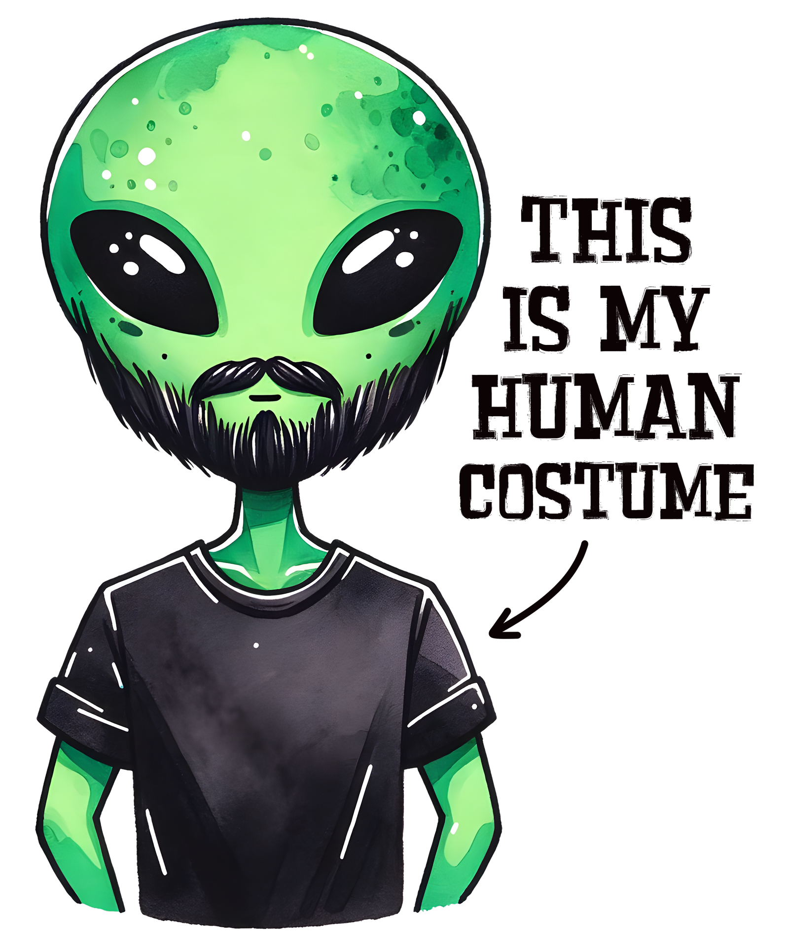 Bearded green alien in a black t-shirt with an arrow and This Is My Human Costume text