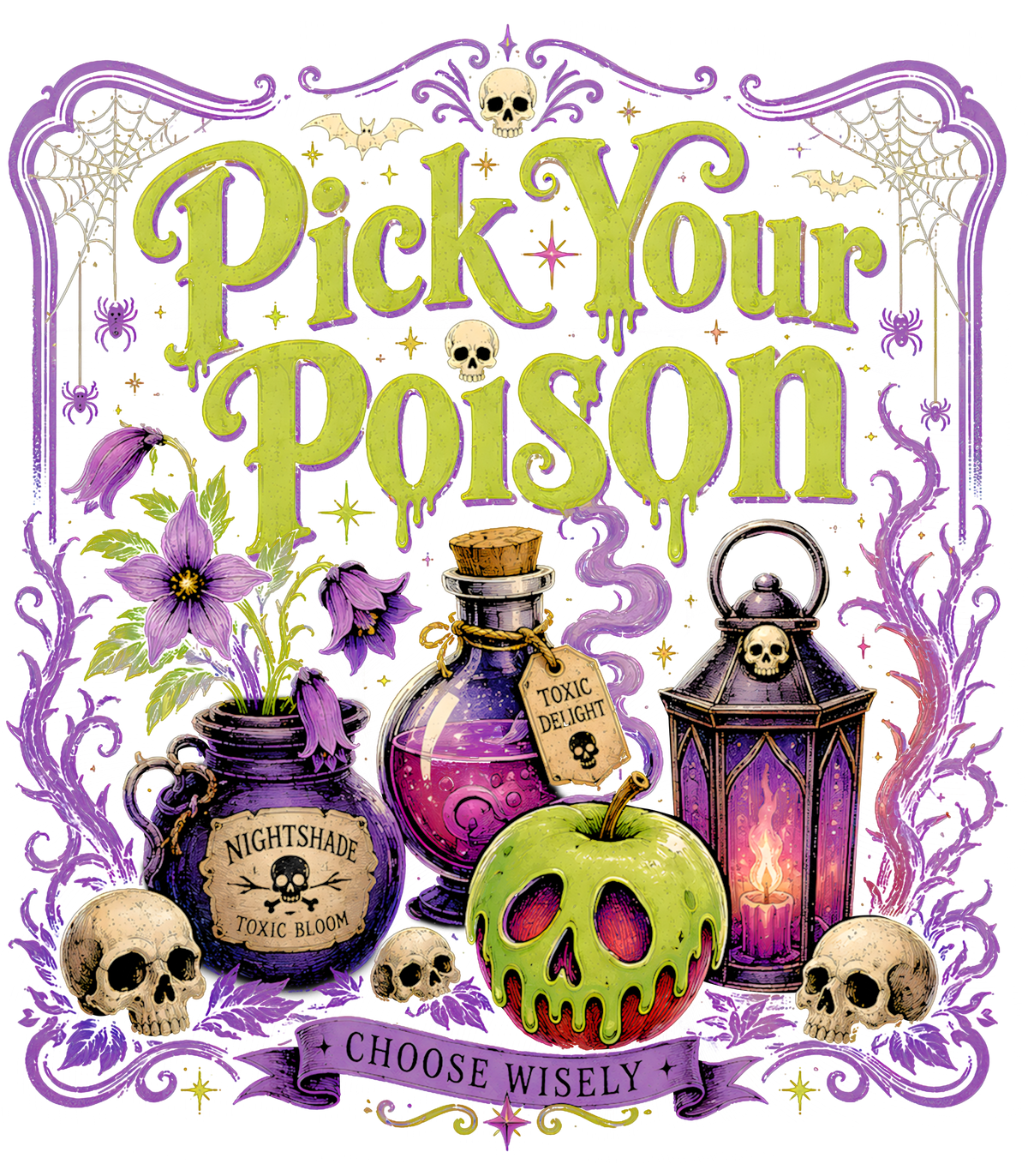 Green poison apple with skull face, purple potion bottles, nightshade flowers and skulls under Pick Your Poison text