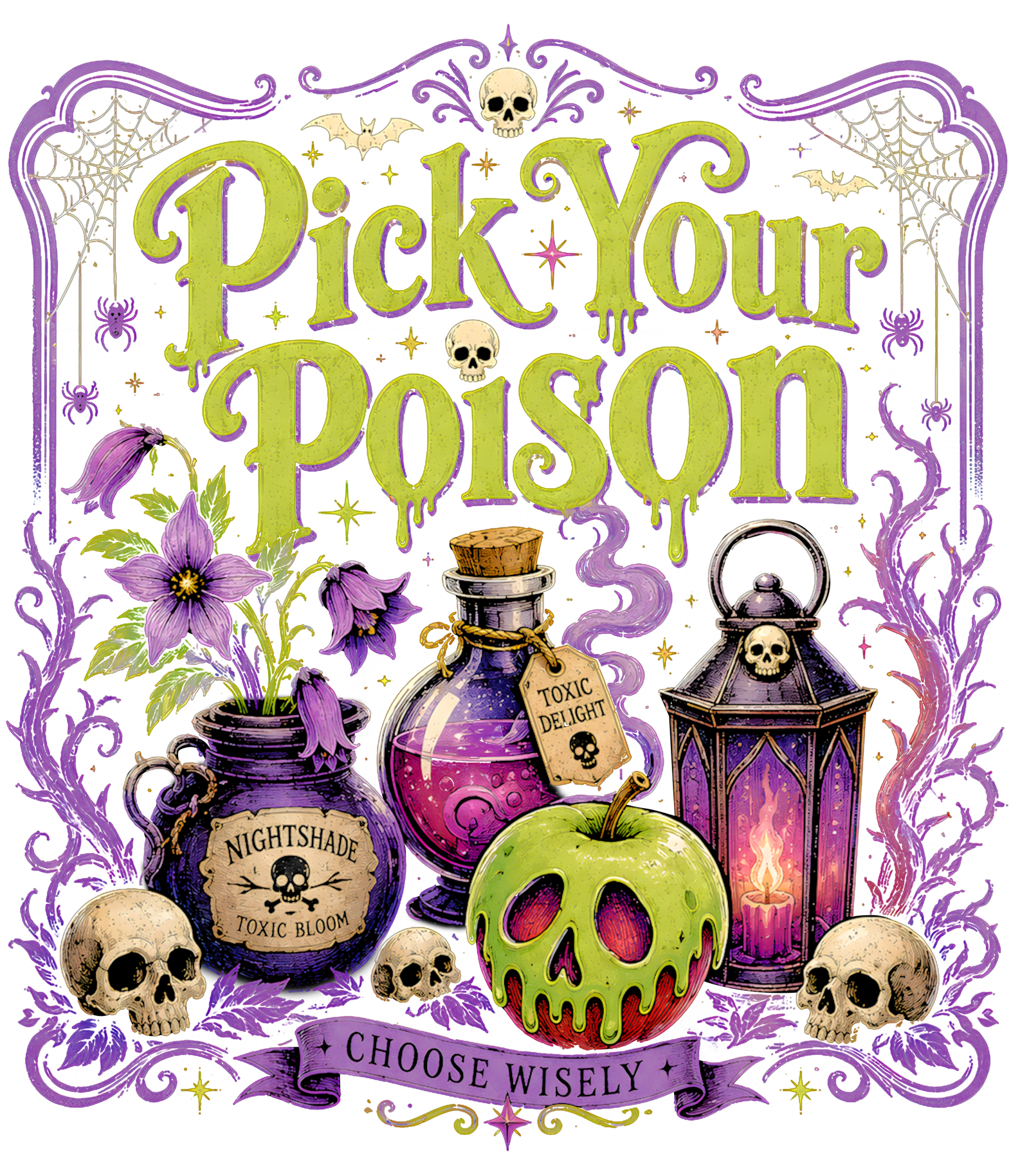 Green poison apple with skull face, purple potion bottles, nightshade flowers and skulls under Pick Your Poison text