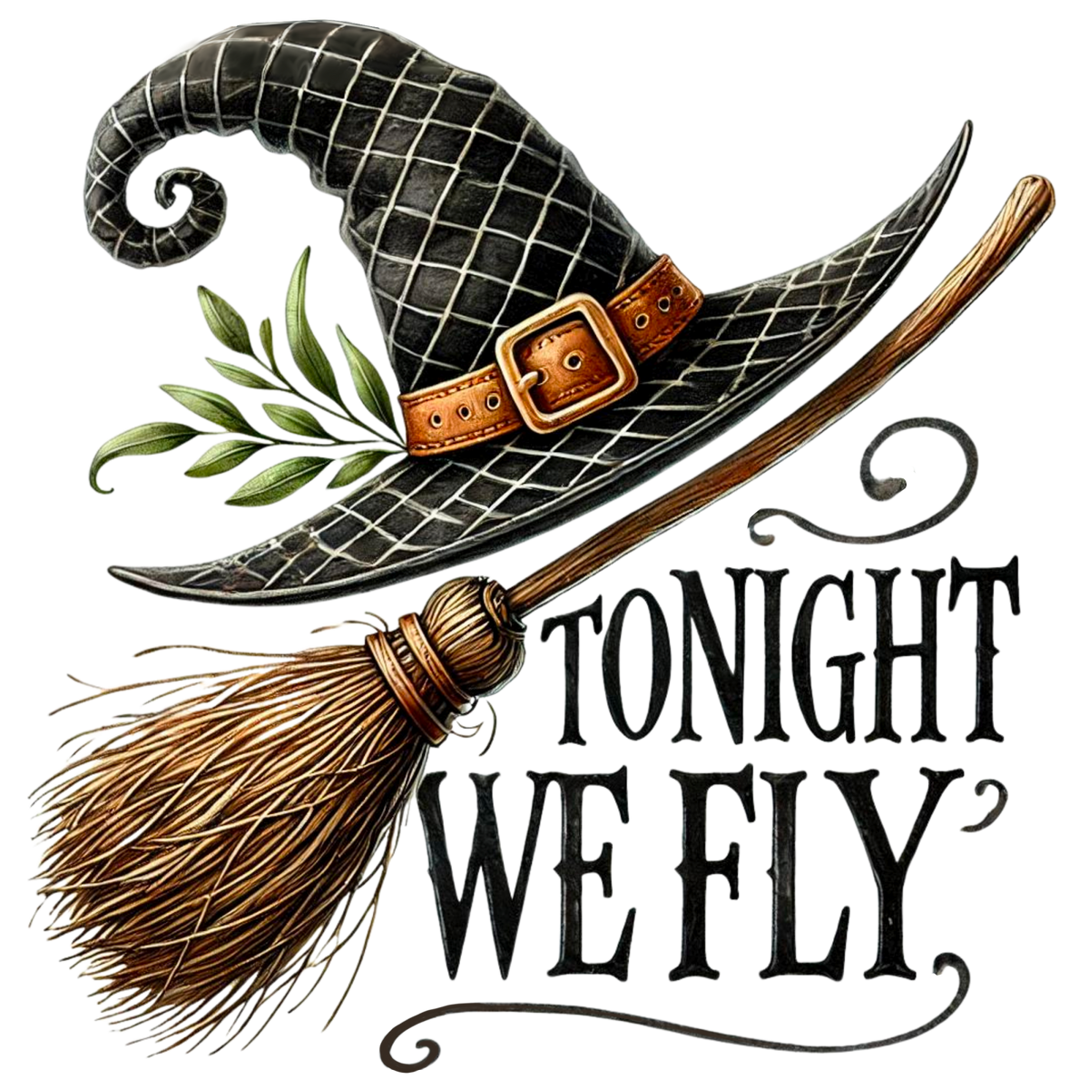 Black witch hat with buckle resting on a broomstick with Tonight We Fly text