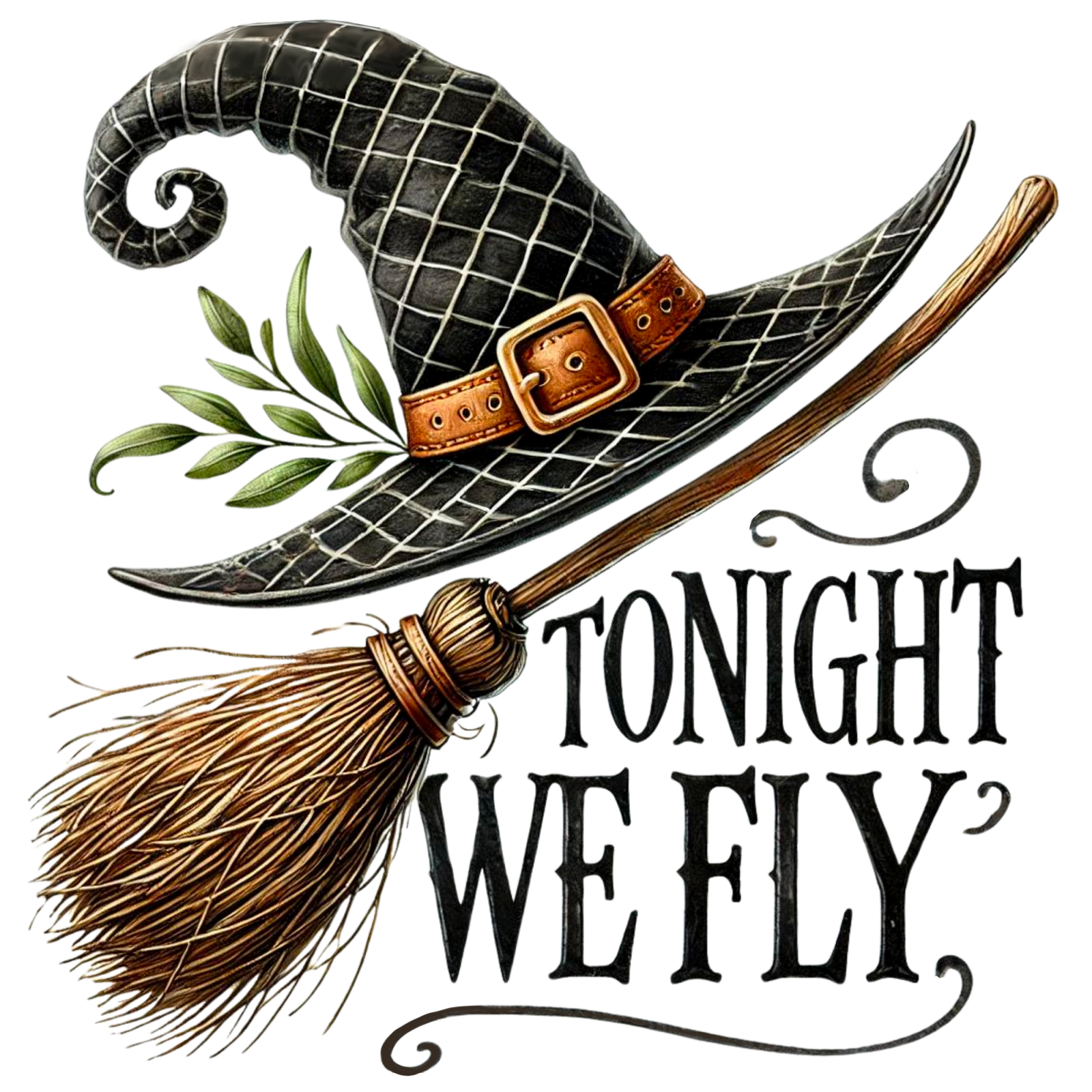 Black witch hat with buckle resting on a broomstick with Tonight We Fly text
