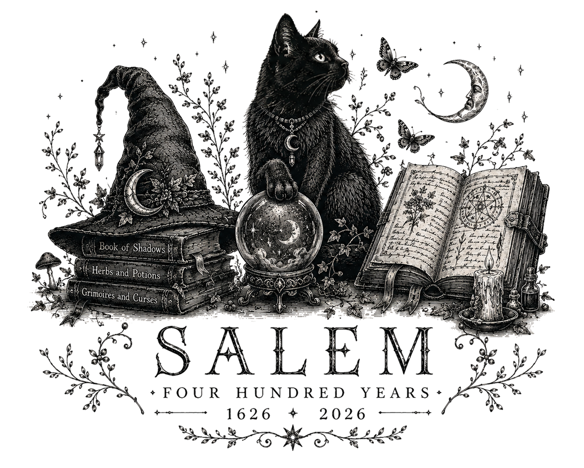Black cat with crystal ball, witch hat, spell books and open grimoire with Salem Four Hundred Years 1626 2026 text