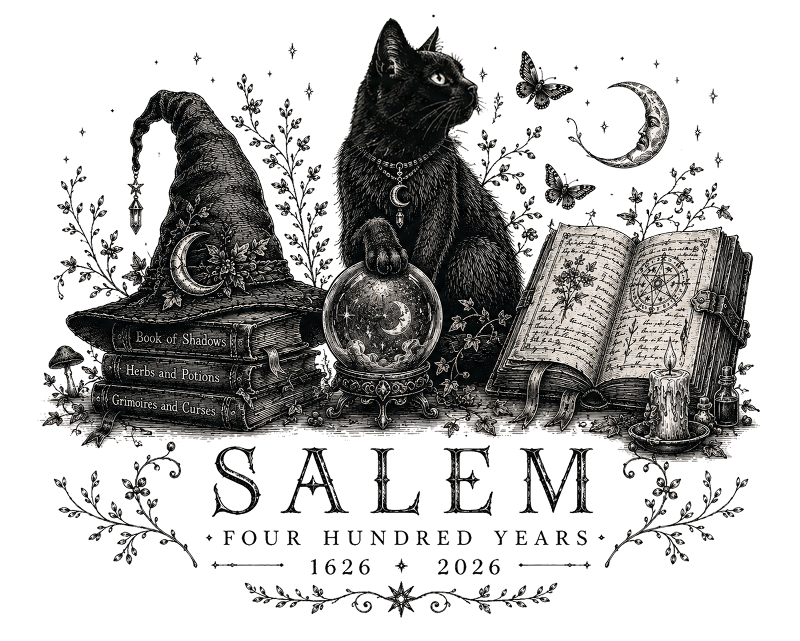 Black cat with crystal ball, witch hat, spell books and open grimoire with Salem Four Hundred Years 1626 2026 text