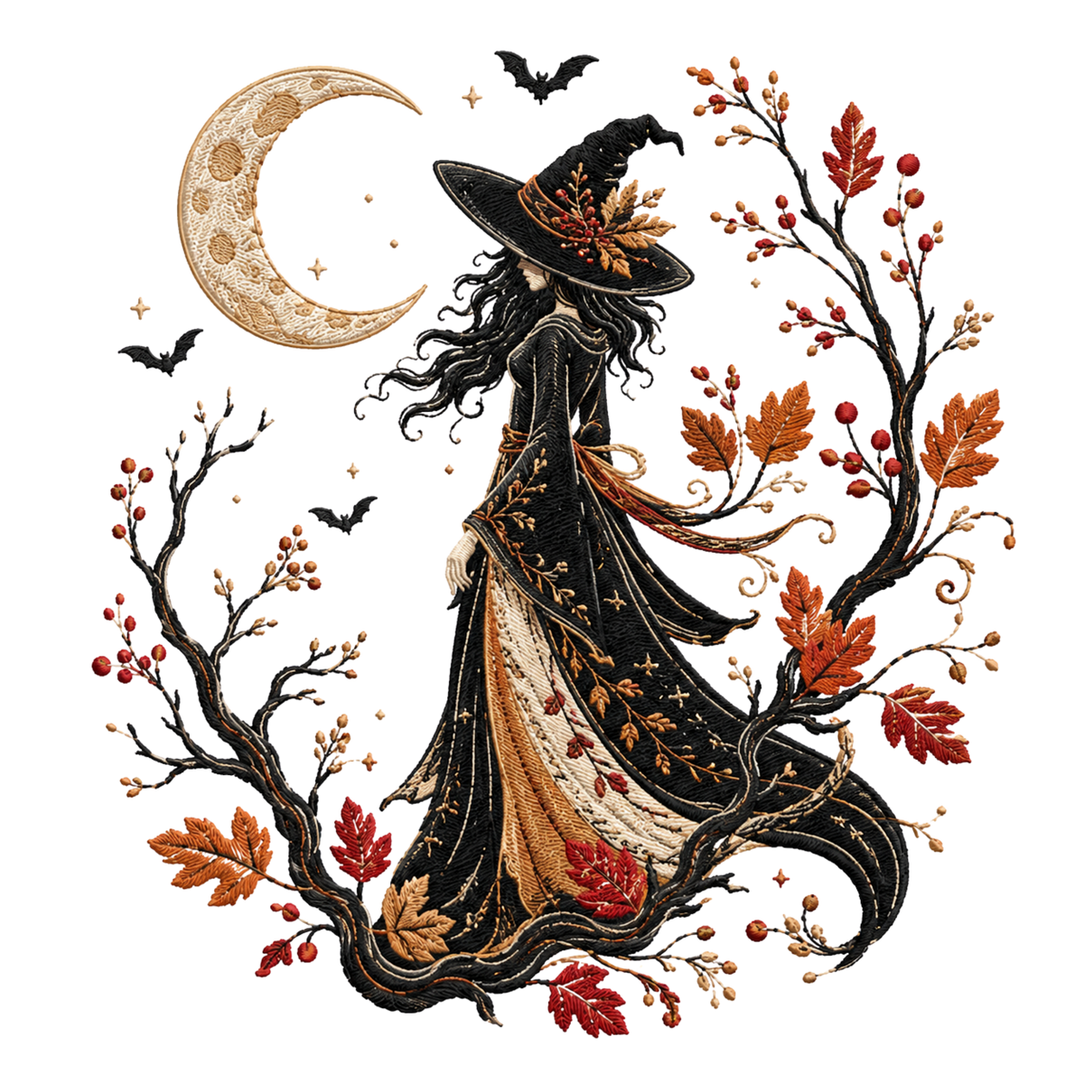 Embroidered-look witch in a flowing gown under a gold crescent moon with autumn leaves, berries, branches and bats