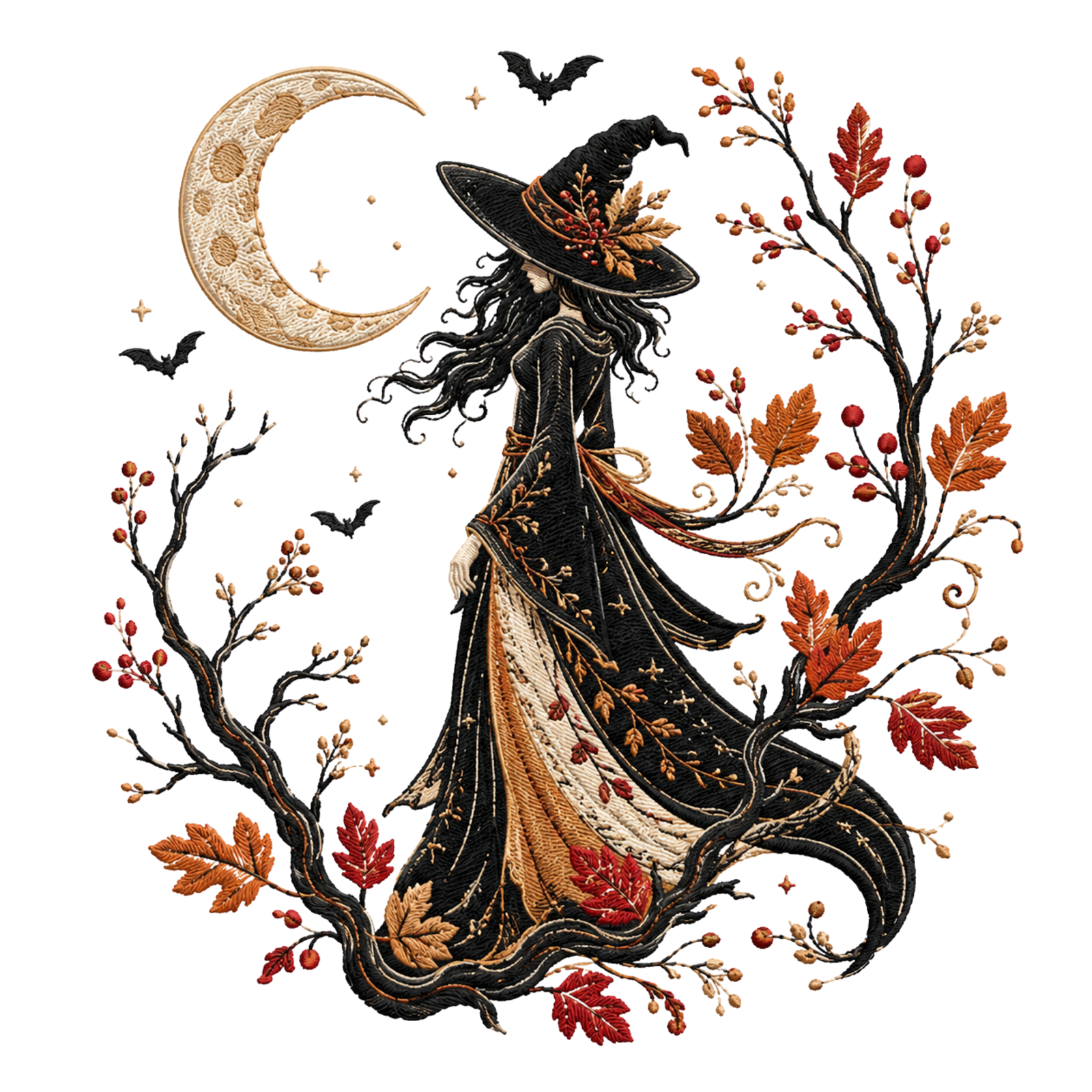 Embroidered-look witch in a flowing gown under a gold crescent moon with autumn leaves, berries, branches and bats
