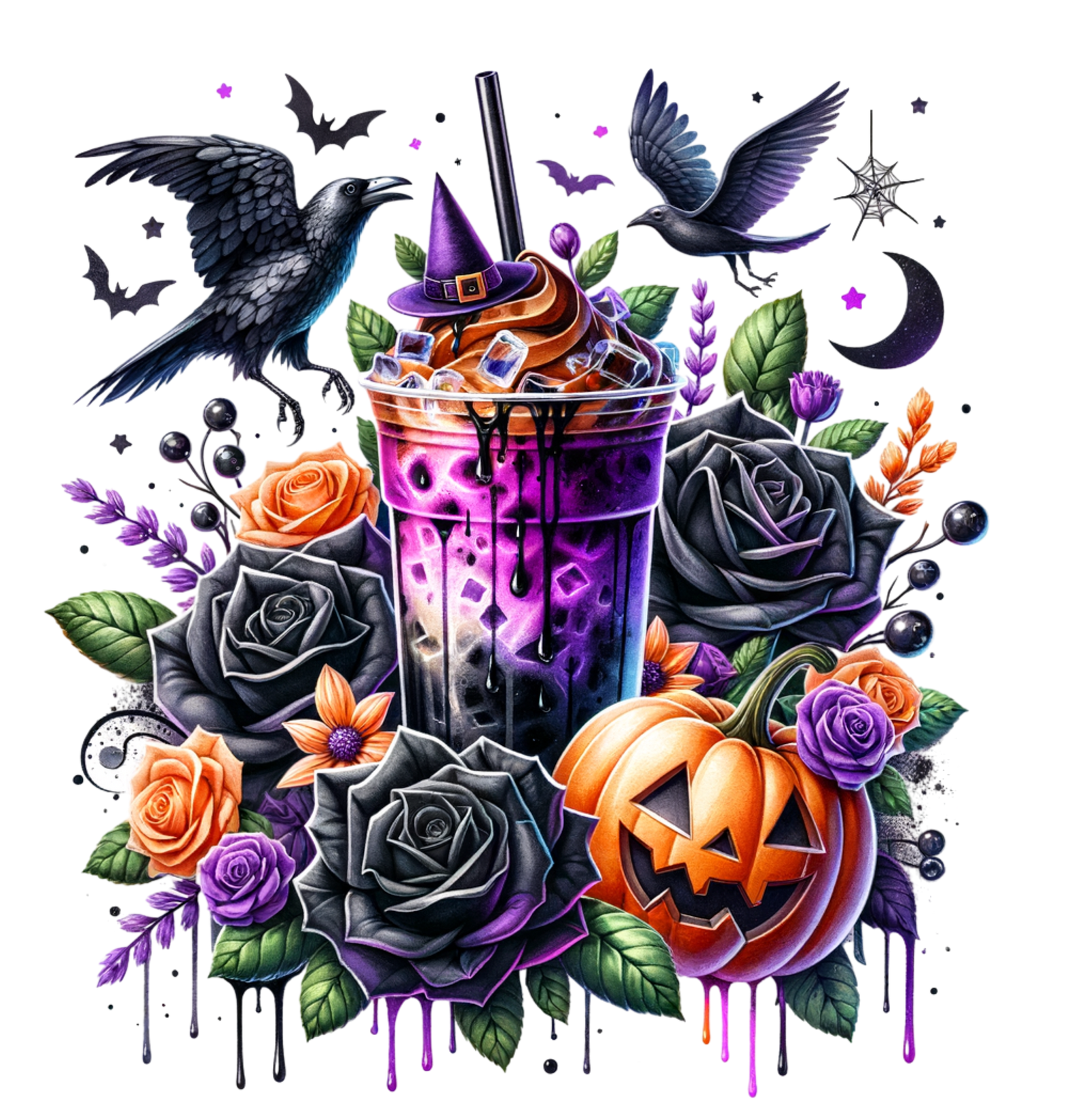 Purple iced coffee with a witch hat surrounded by black and orange roses, jack-o-lantern and two ravens