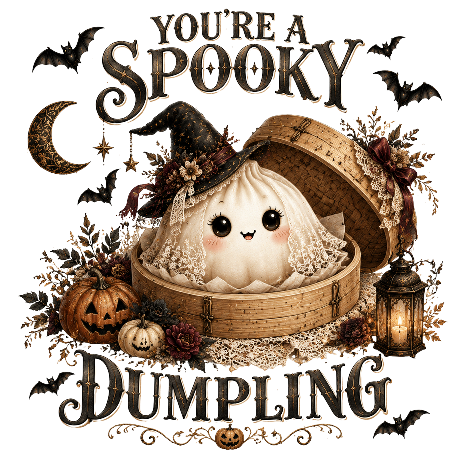 Cute dumpling ghost in a witch hat inside a bamboo steamer with pumpkins, lantern and bats, You're a Spooky Dumpling text
