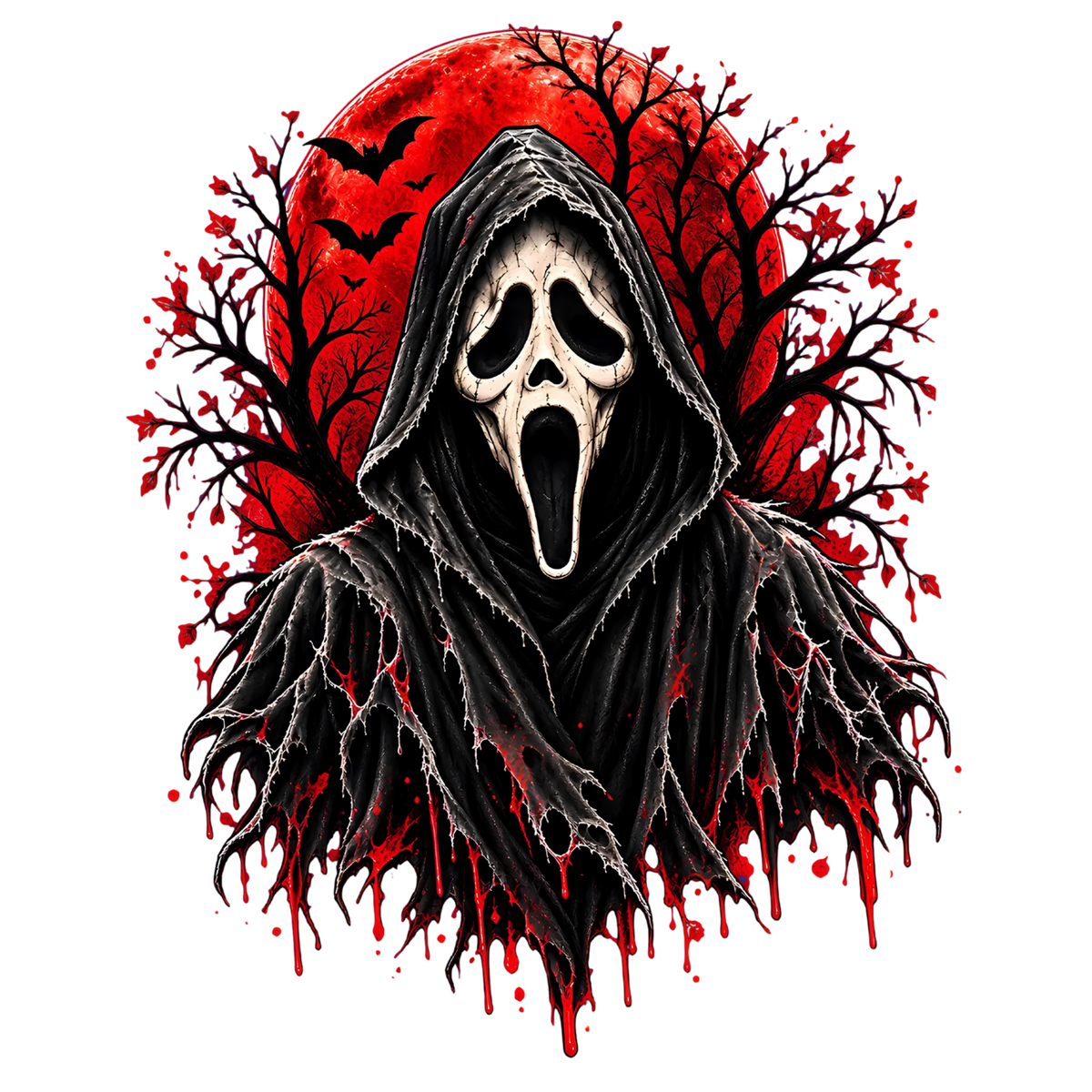Hooded screaming ghost in a tattered black cloak against a blood red moon with bats and dripping red accents