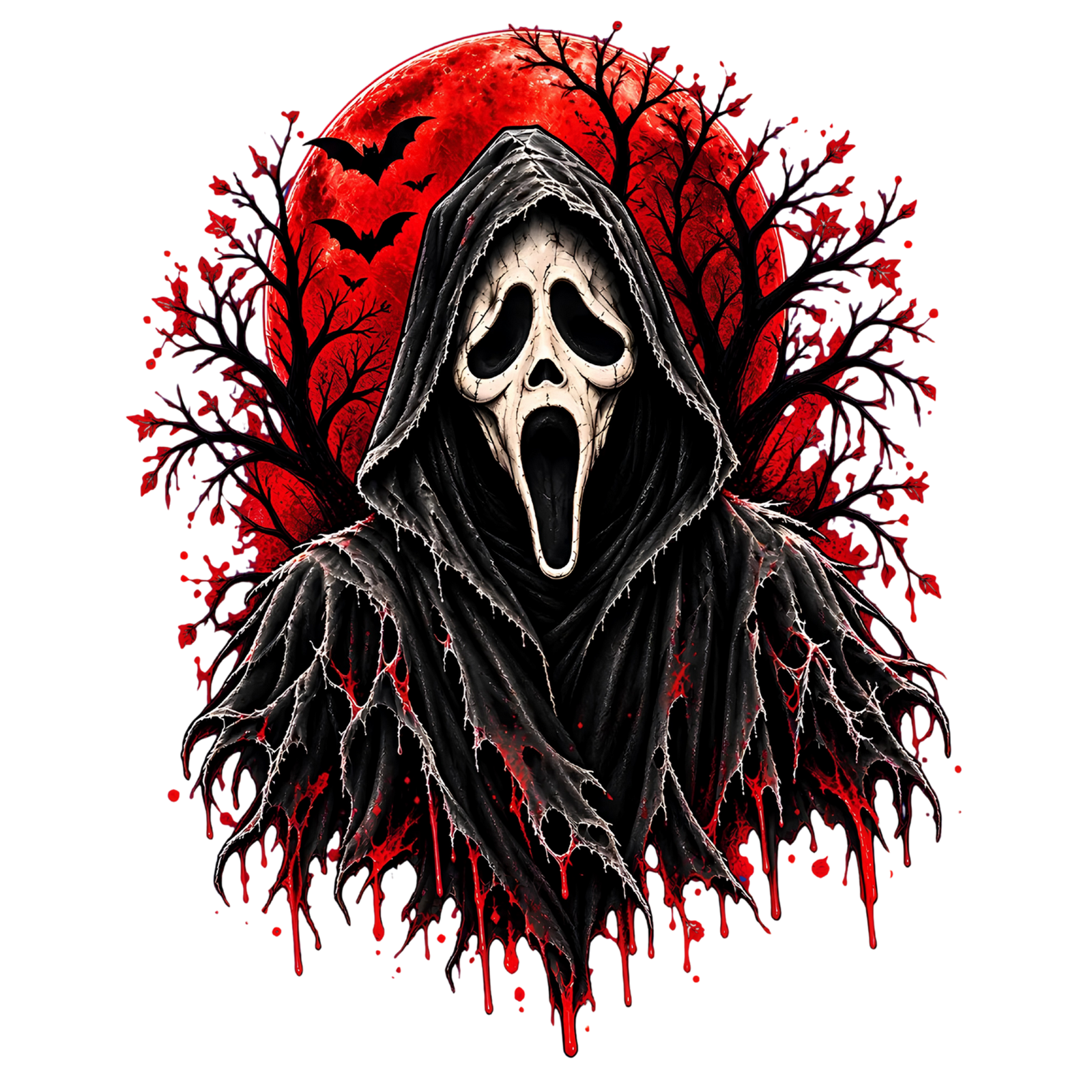 Hooded screaming ghost in a tattered black cloak against a blood red moon with bats and dripping red accents