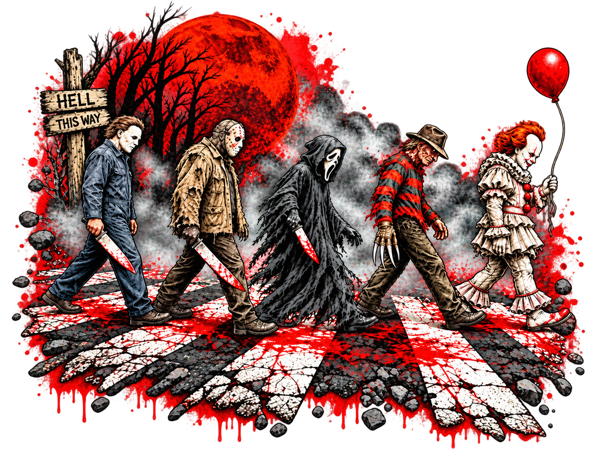 Horror villains walking single file across a blood-splattered crosswalk in front of a red blood moon and dead trees