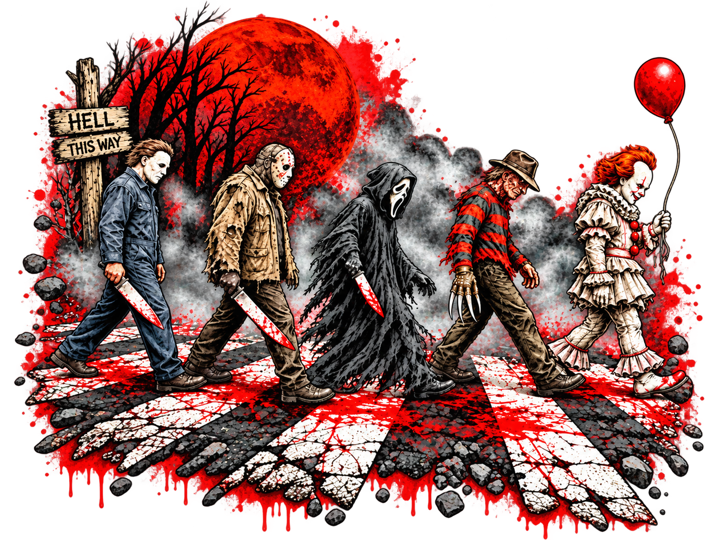 Horror villains walking single file across a blood-splattered crosswalk in front of a red blood moon and dead trees