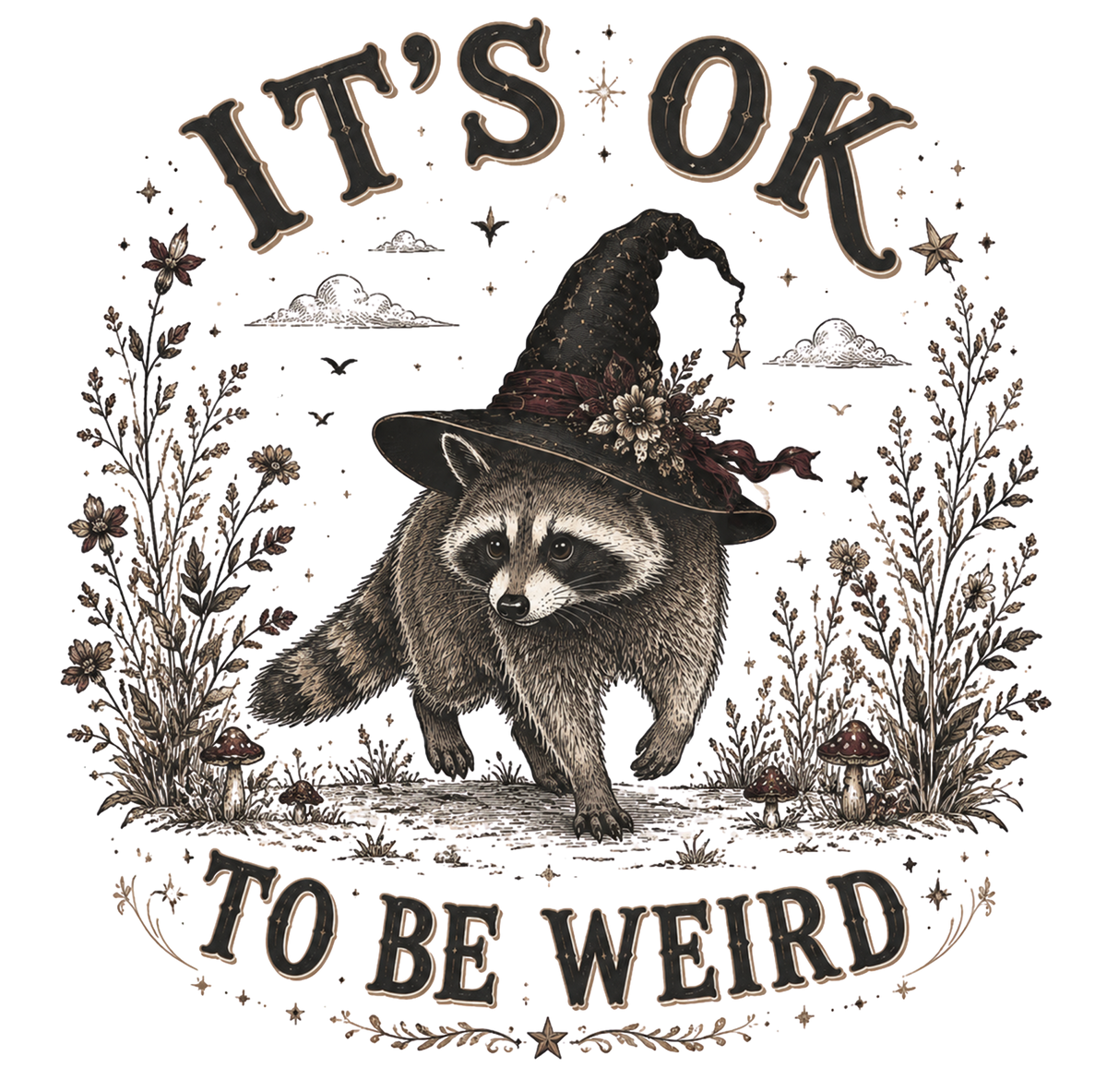 Raccoon wearing a floral witch hat walking through wildflowers and mushrooms with It's OK To Be Weird text