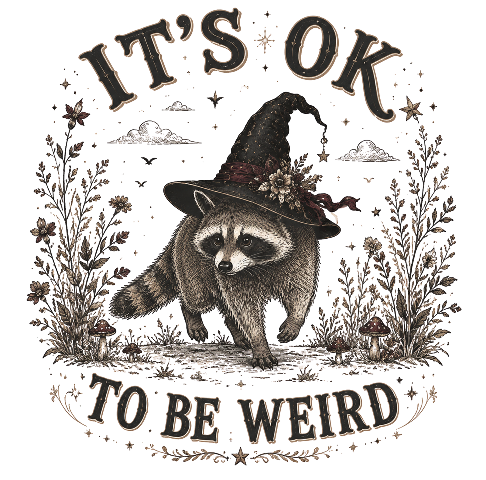 Raccoon wearing a floral witch hat walking through wildflowers and mushrooms with It's OK To Be Weird text