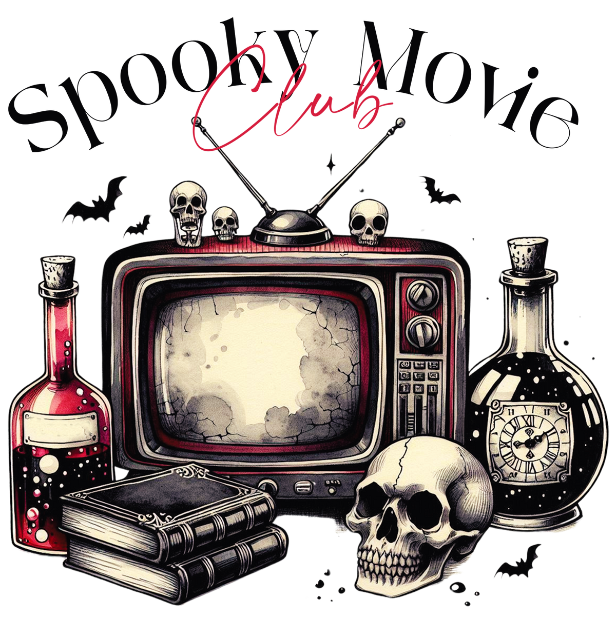 Vintage TV with skulls on top, potion bottles, books and a skull with Spooky Movie Club text
