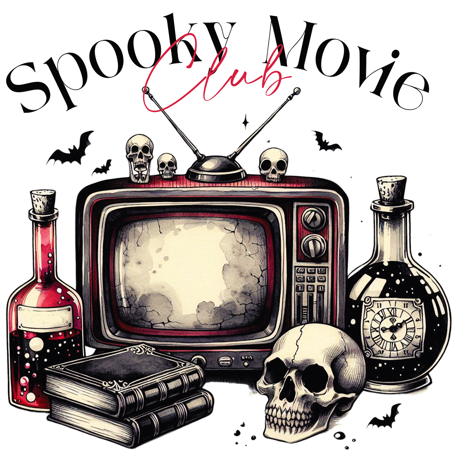 Vintage TV with skulls on top, potion bottles, books and a skull with Spooky Movie Club text