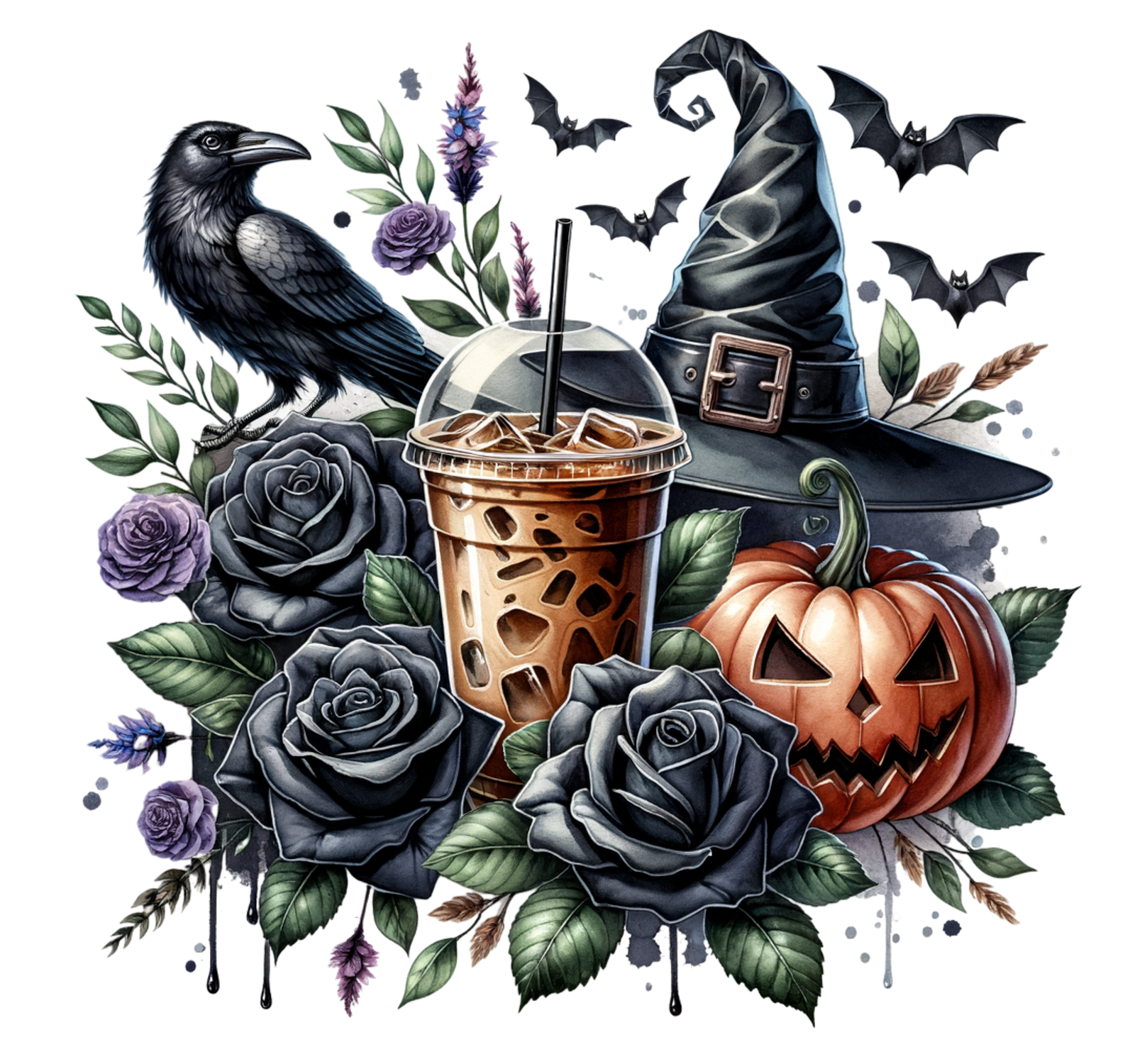 Iced coffee with black roses, a raven, witch hat, jack-o-lantern and bats