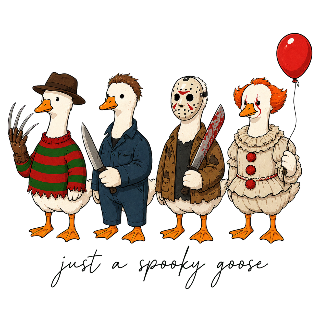 Four white geese dressed in horror movie costumes above just a spooky goose script