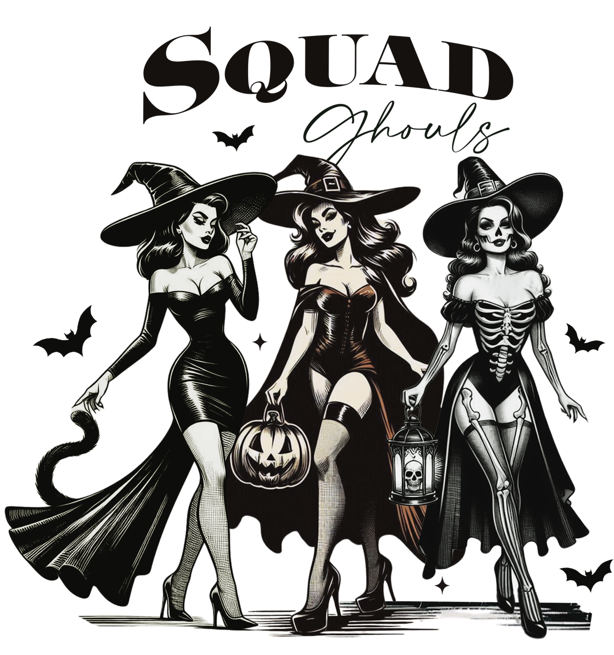 Three pin-up style witches in hats and heels with a jack-o-lantern and lantern under Squad Ghouls text