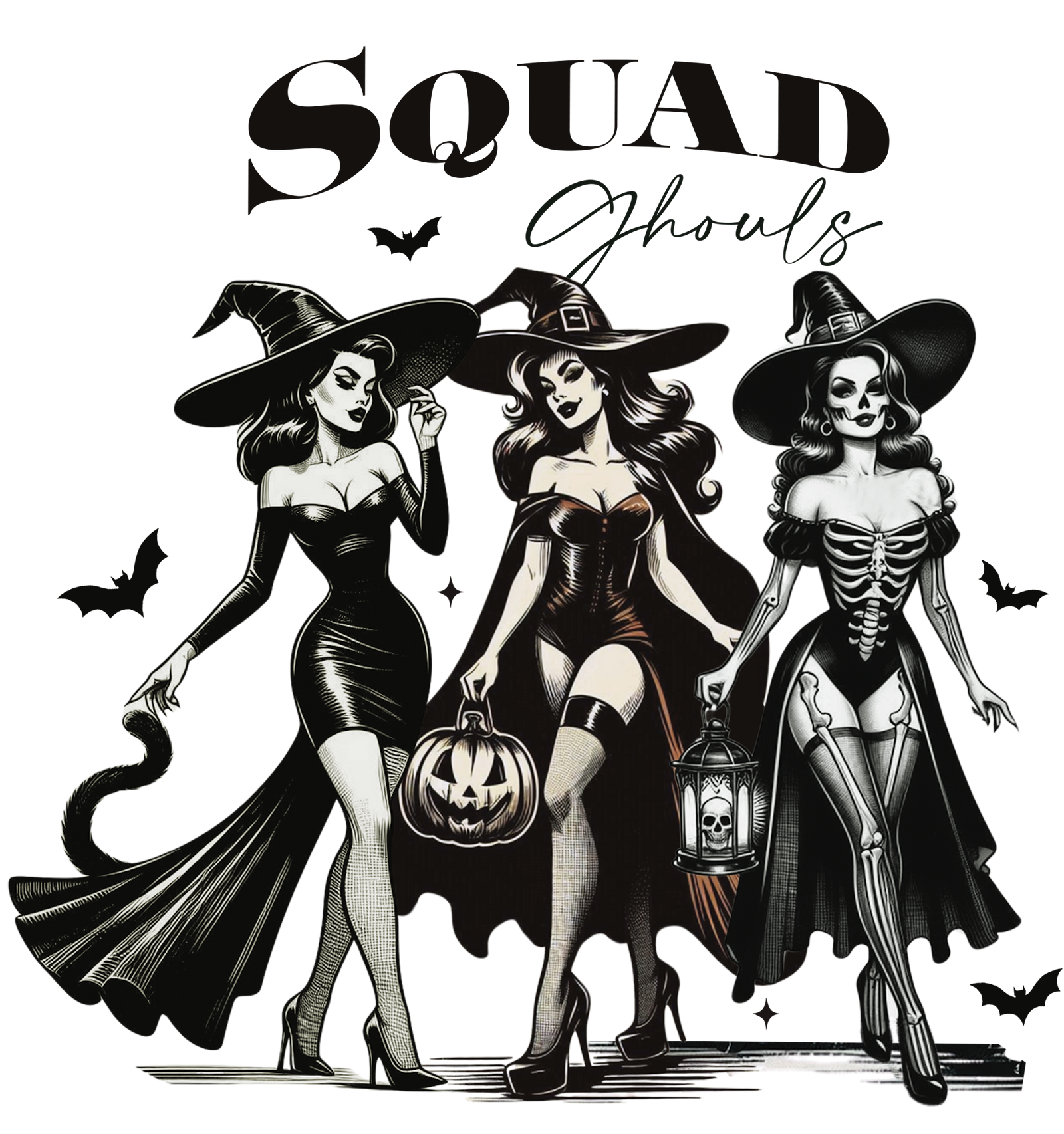 Three pin-up style witches in hats and heels with a jack-o-lantern and lantern under Squad Ghouls text