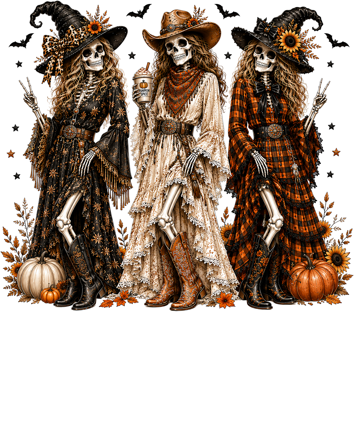 Three skeleton girls in witch and cowboy hats, boho dresses and cowboy boots with pumpkins, sunflowers and bats