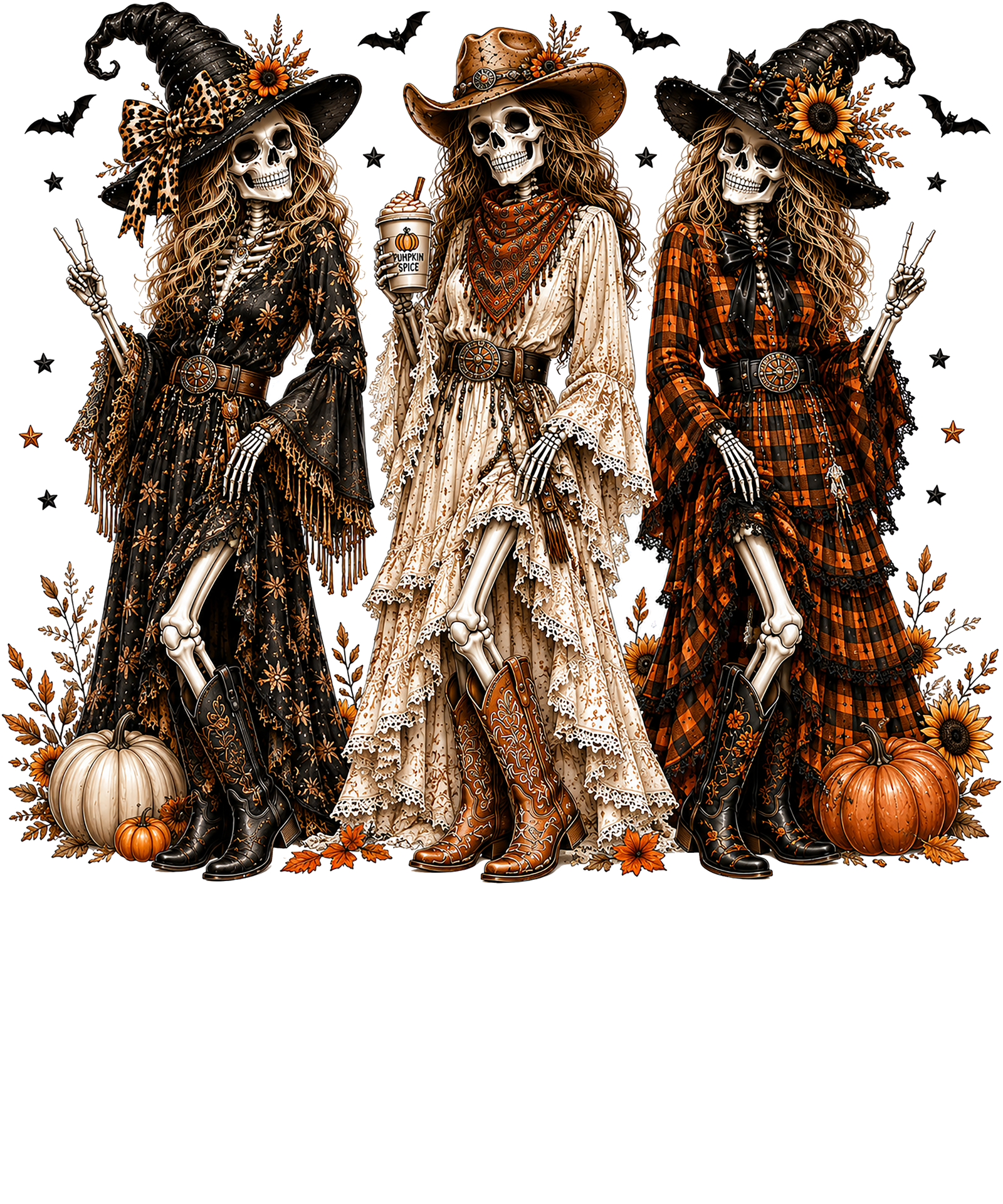 Three skeleton girls in witch and cowboy hats, boho dresses and cowboy boots with pumpkins, sunflowers and bats