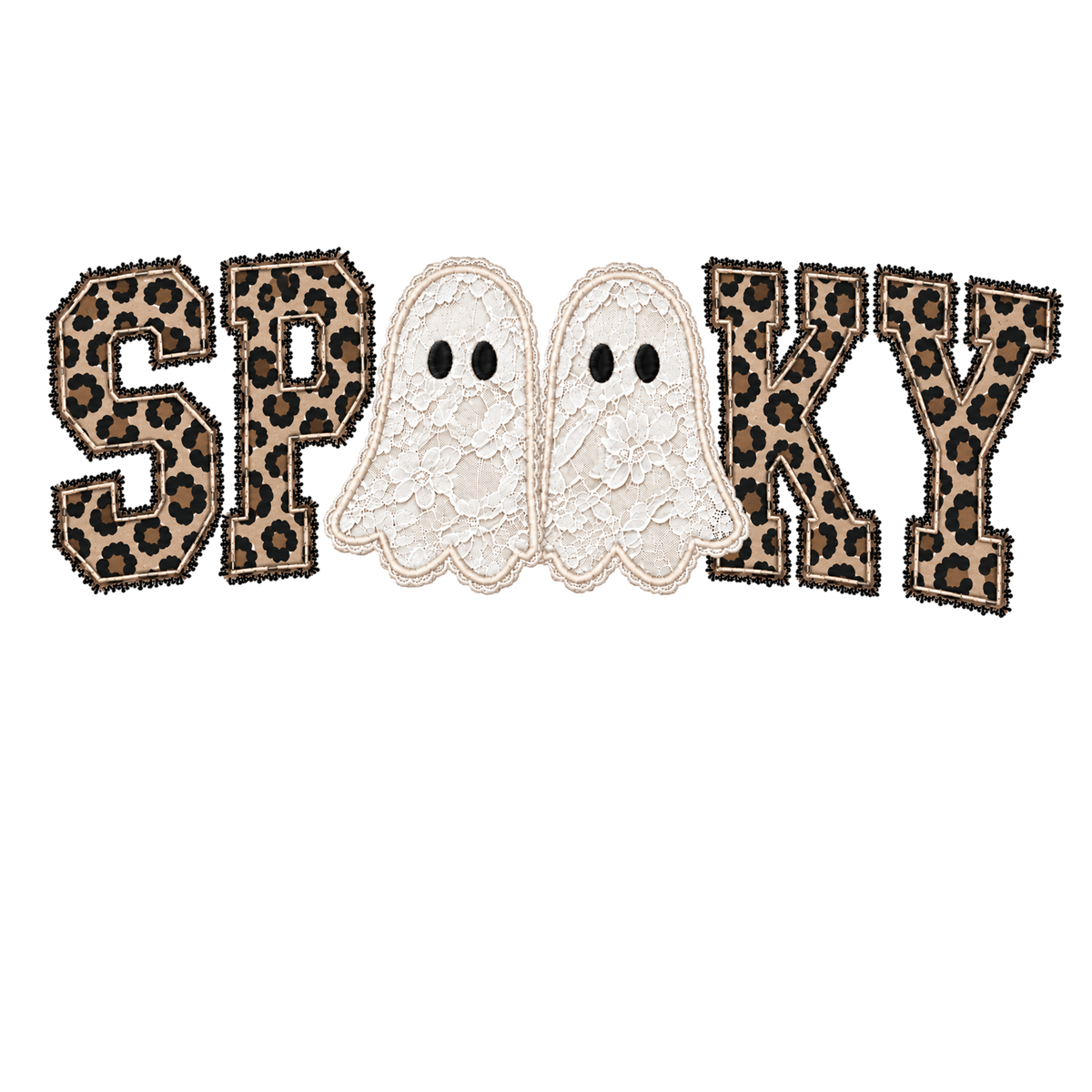 SPOOKY in leopard print varsity letters with two white lace ghosts as the O's