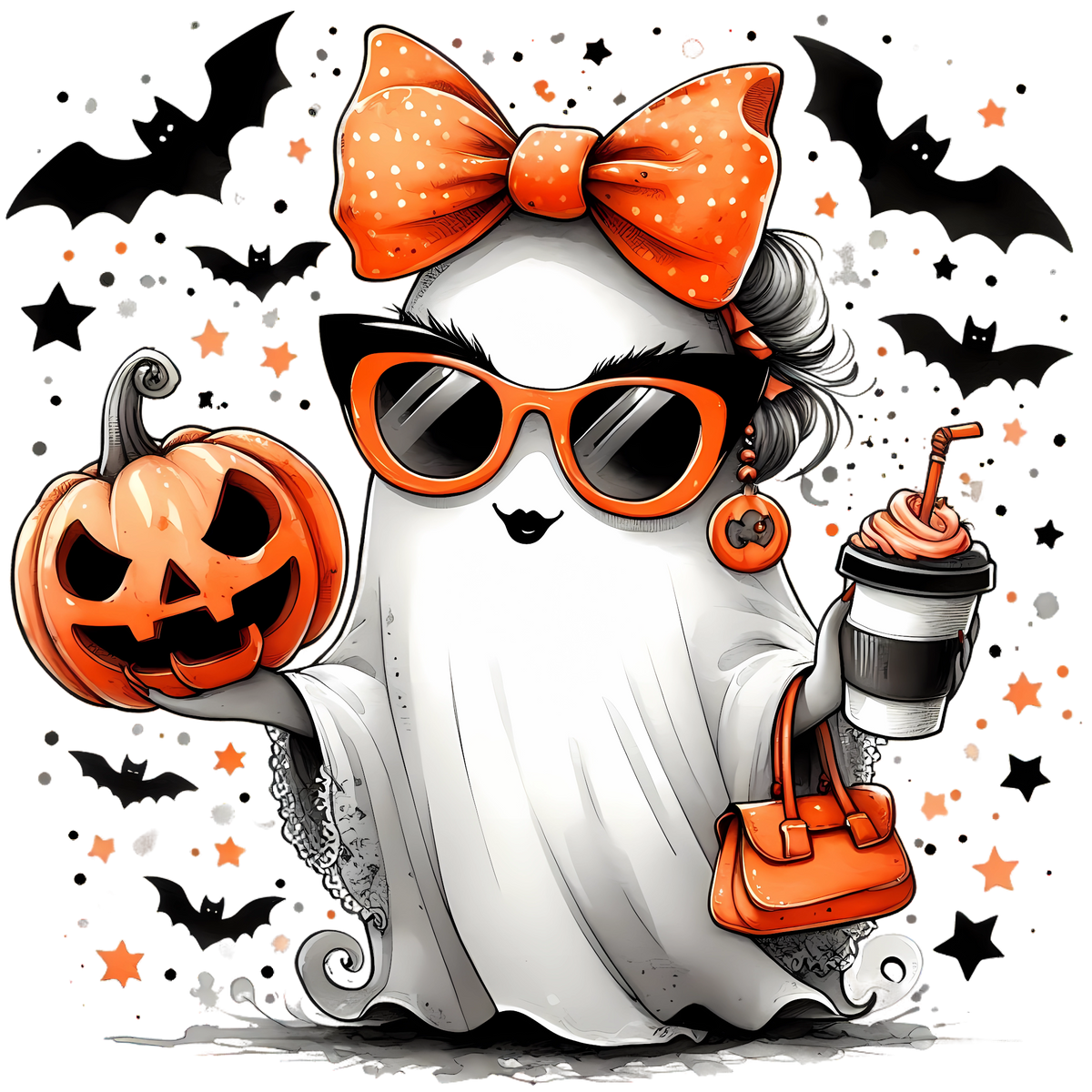 Ghost with orange bow and cat-eye sunglasses holding a jack-o-lantern and coffee with bats and stars