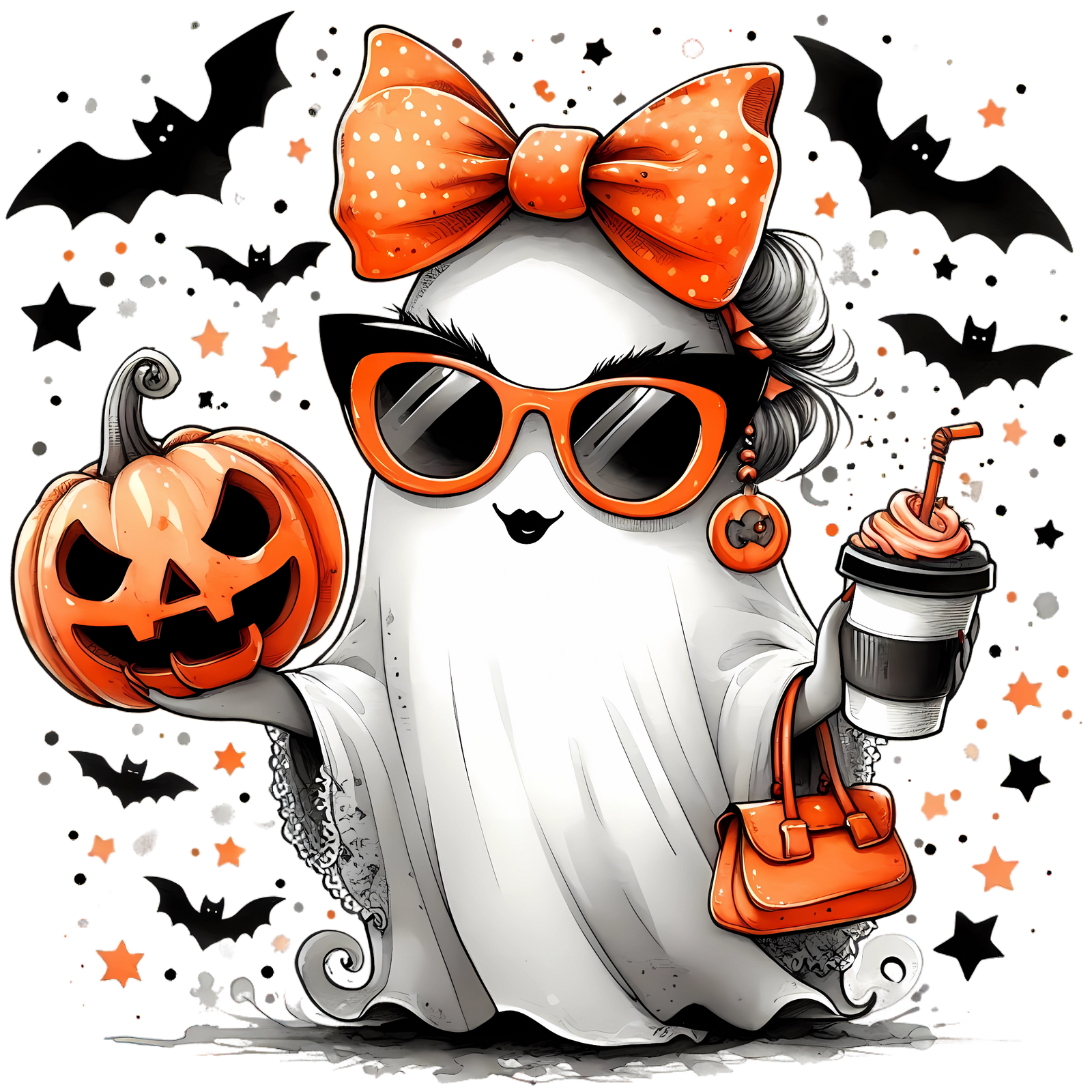 Ghost with orange bow and cat-eye sunglasses holding a jack-o-lantern and coffee with bats and stars