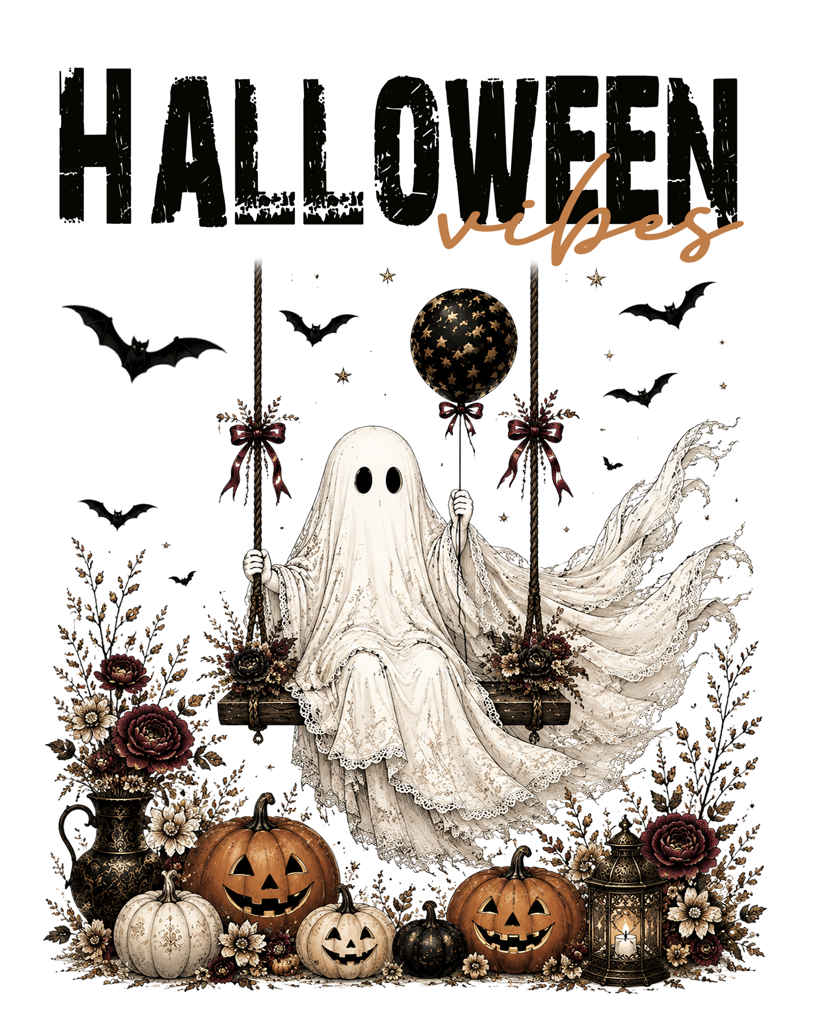 Lace ghost on a rope swing holding a black balloon above jack-o-lanterns, roses and bats with Halloween vibes text