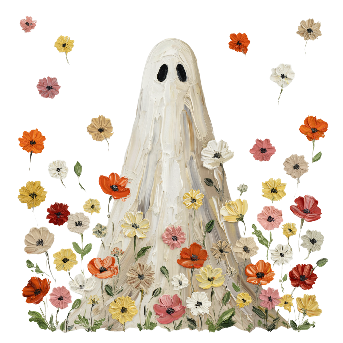 Painted cream ghost standing in colourful wildflowers in red, orange, yellow and pink