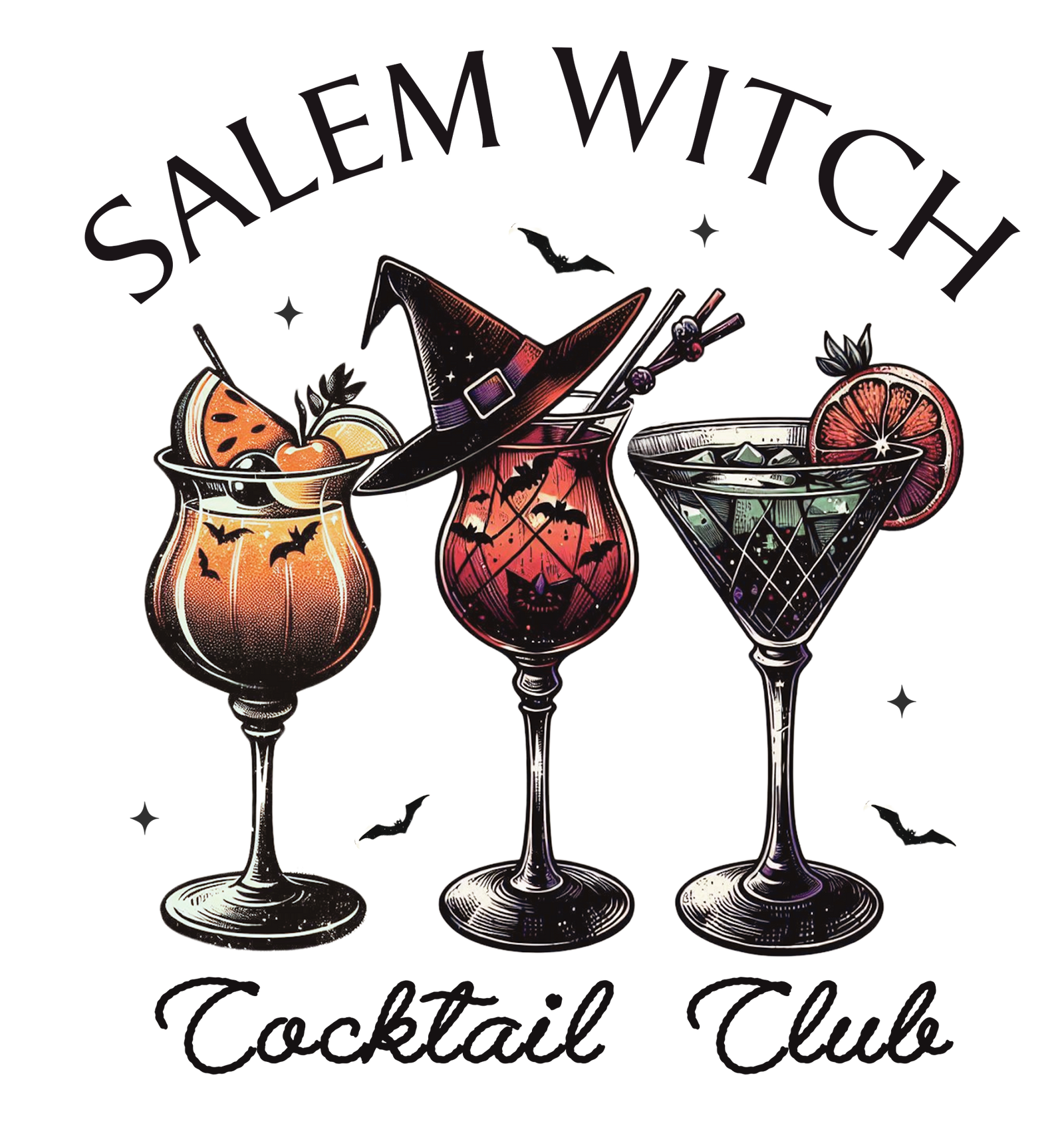 Three Halloween cocktails, one with a witch hat, with bats and Salem Witch Cocktail Club text