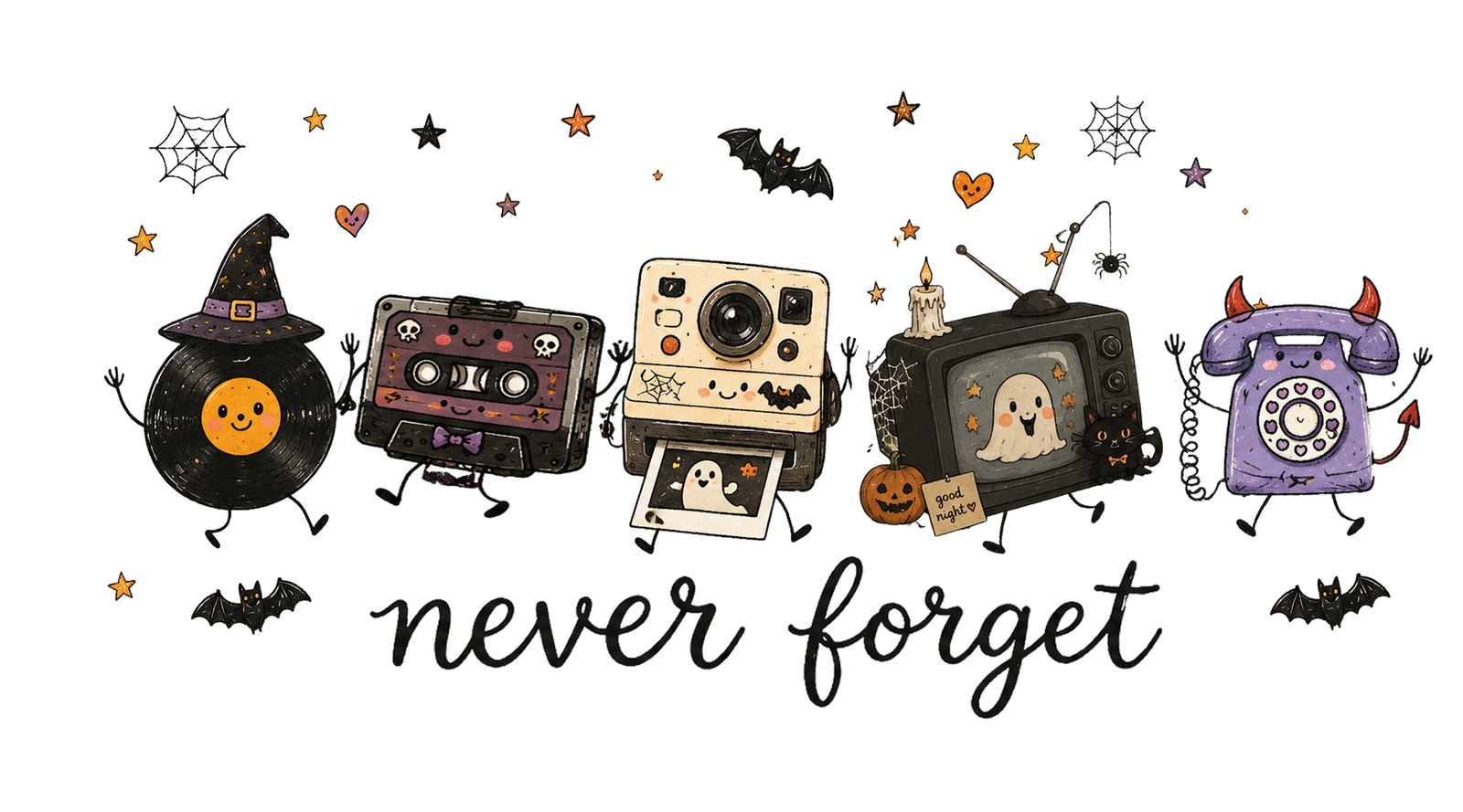 Retro cassette tape, instant camera and vintage TV characters with ghosts, pumpkins and bats above never forget script