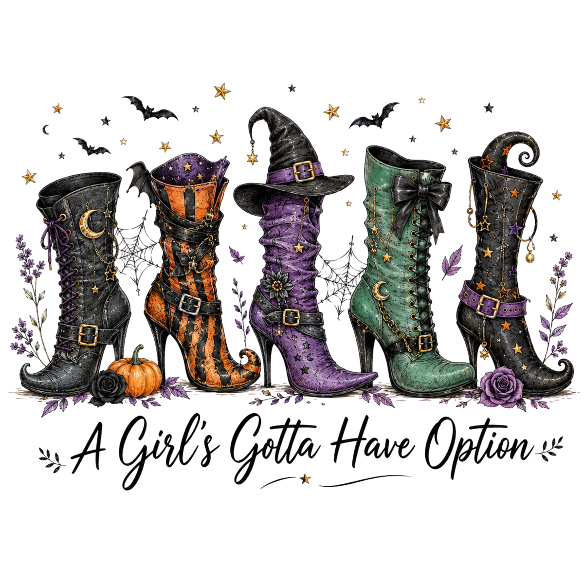 Row of decorated witch boots in black, orange stripe, purple and green with pumpkins, roses, bats and script text
