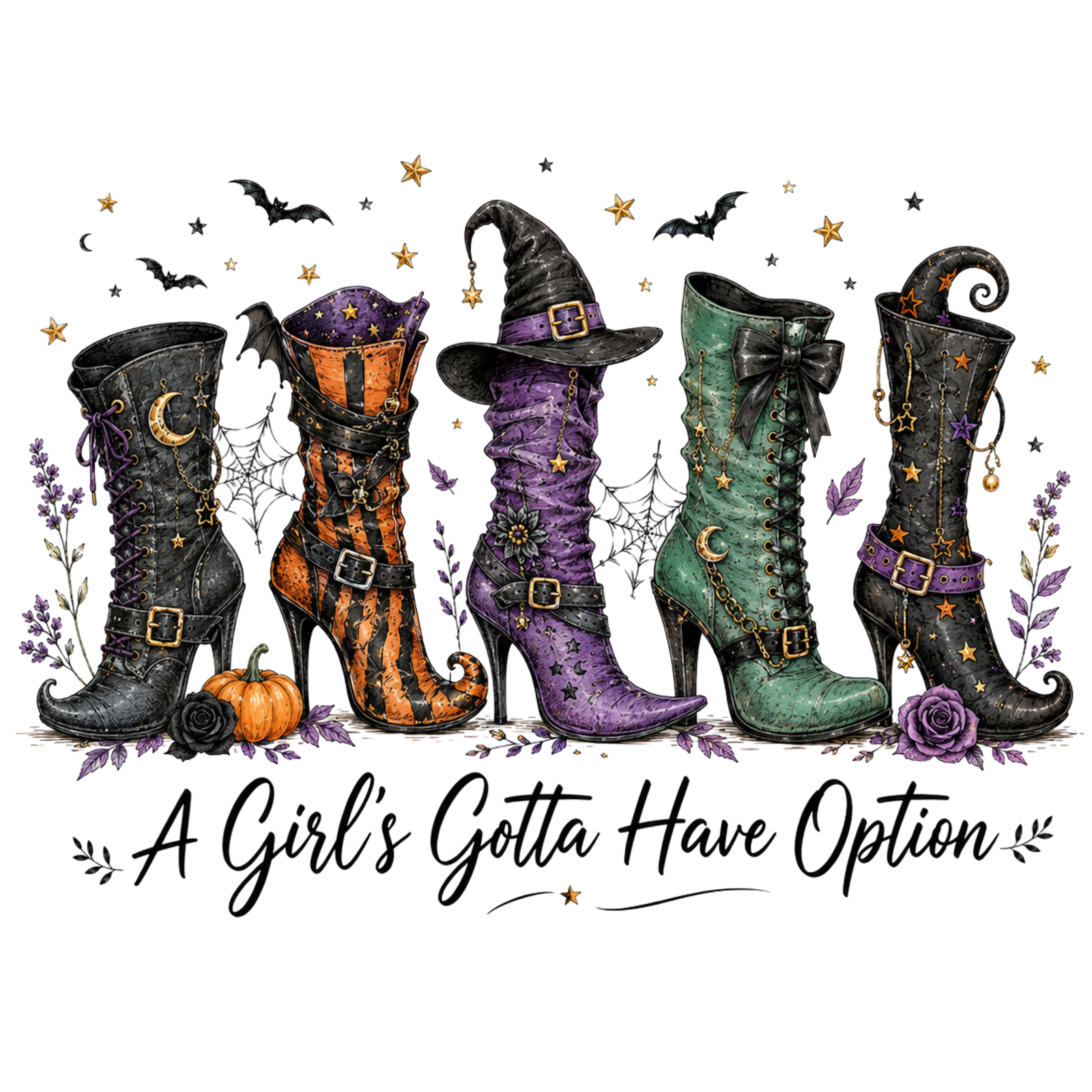Row of decorated witch boots in black, orange stripe, purple and green with pumpkins, roses, bats and script text