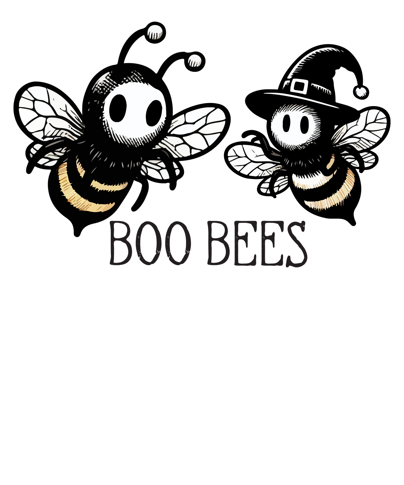Two bees with ghost faces, one in a witch hat, above Boo Bees text