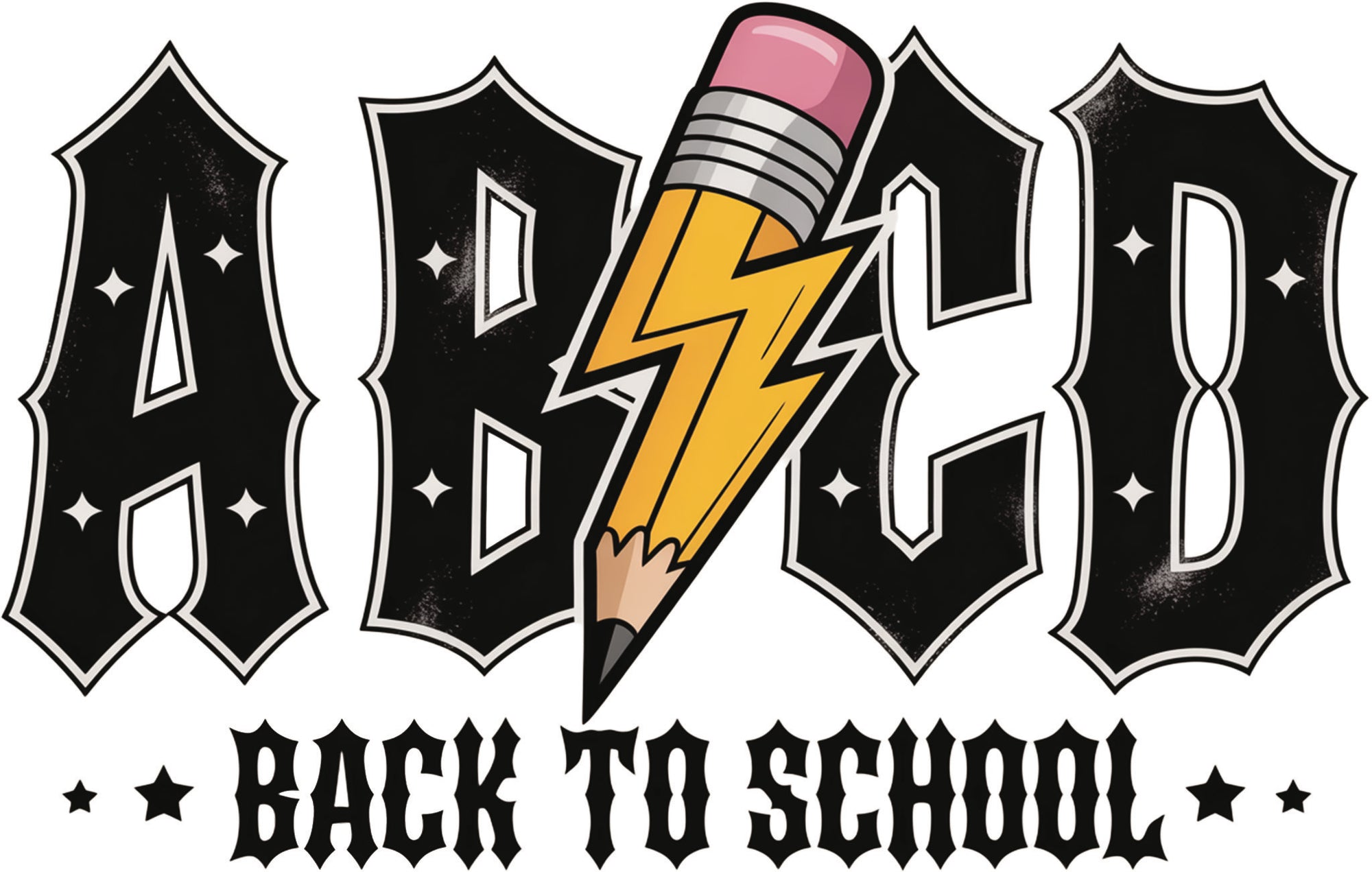 Back to School DTF transfer design with bold black varsity letters 'ABCD' and a yellow lightning blot pencil with decorative stars.