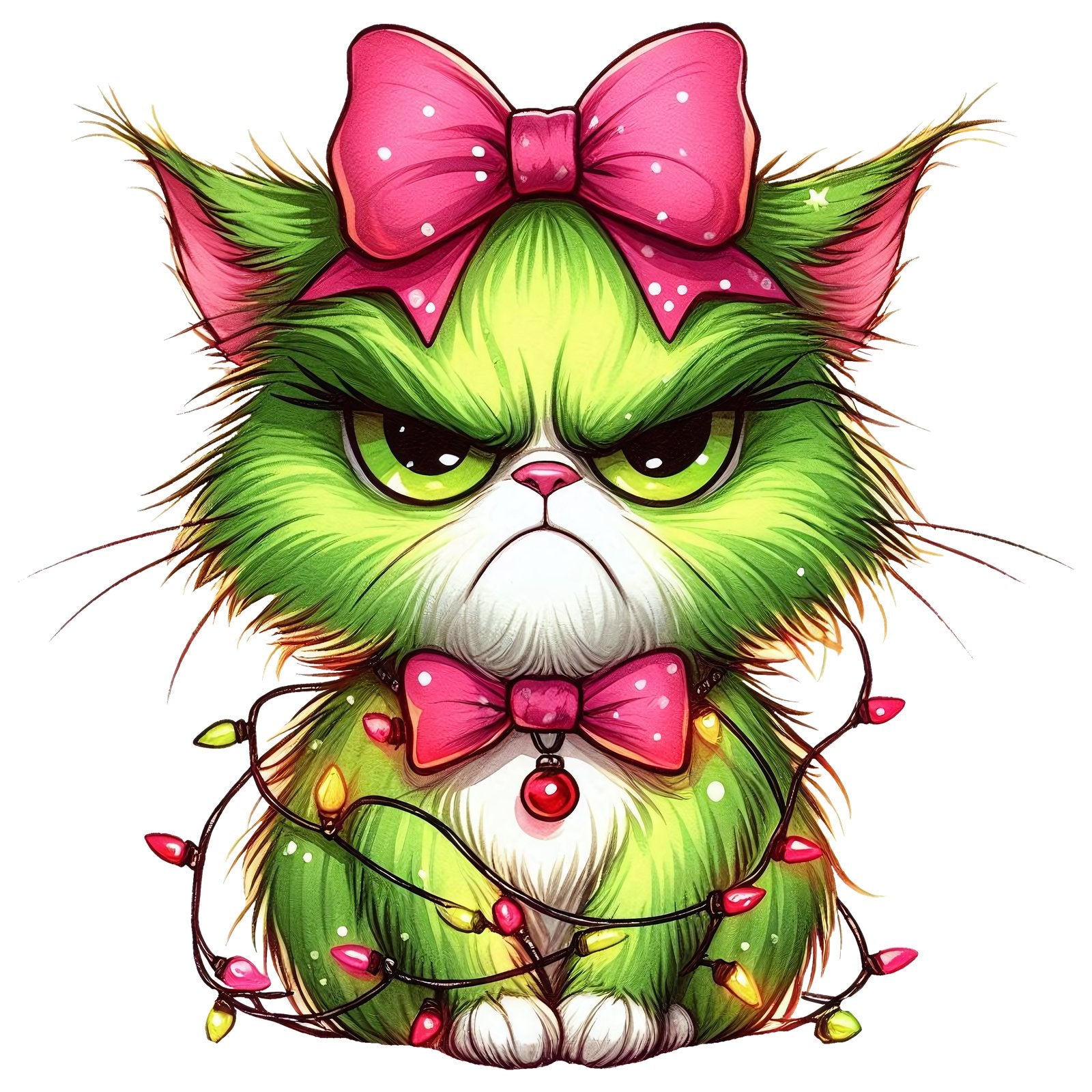 Fluffy green cat with an annoyed expression, pink bow and colourful Christmas lights.