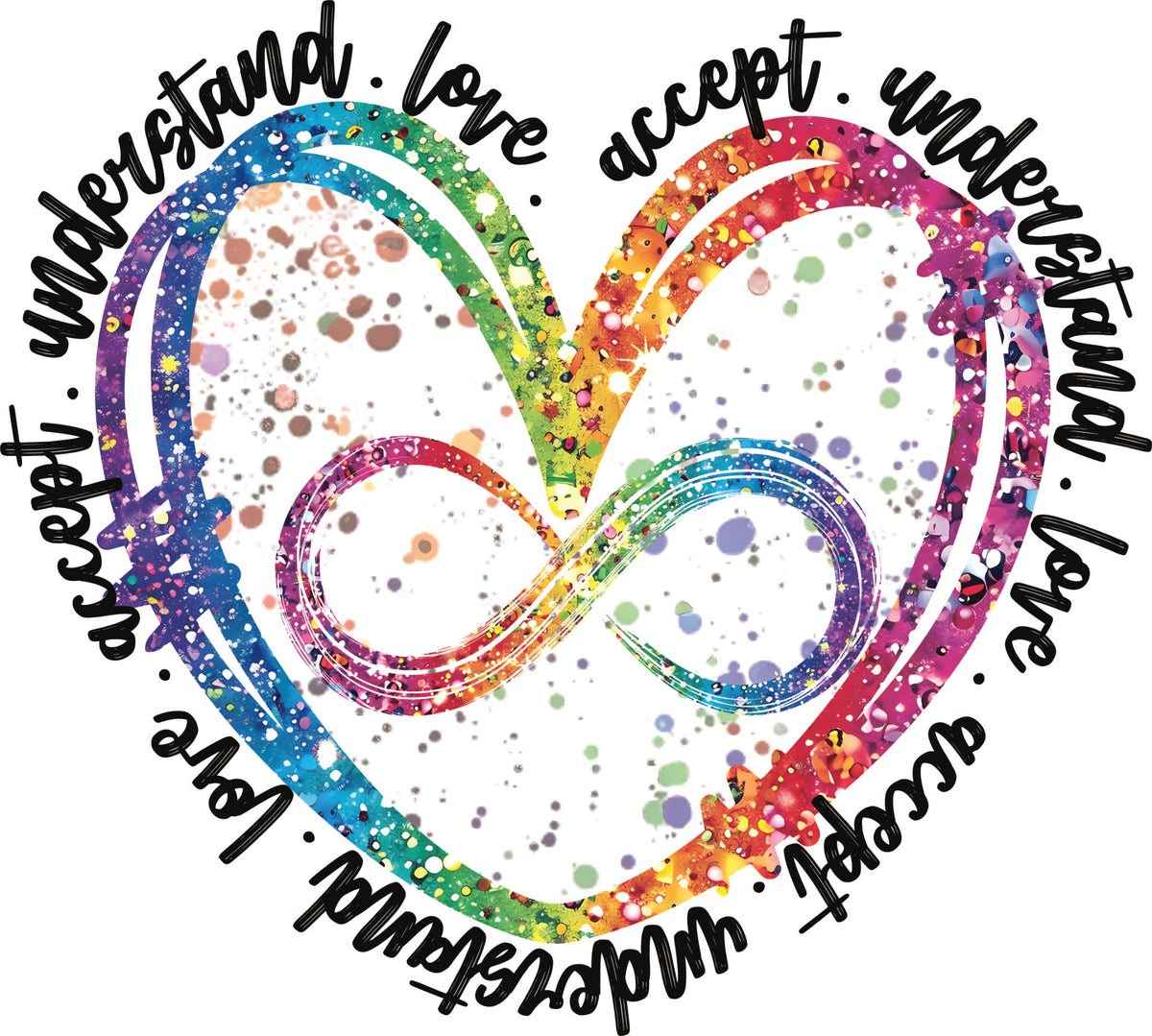 Rainbow infinity heart with colourful paint splatter background and the words 'accept, understand, love" circling around, symbolizing autism and neurodiversity acceptance.