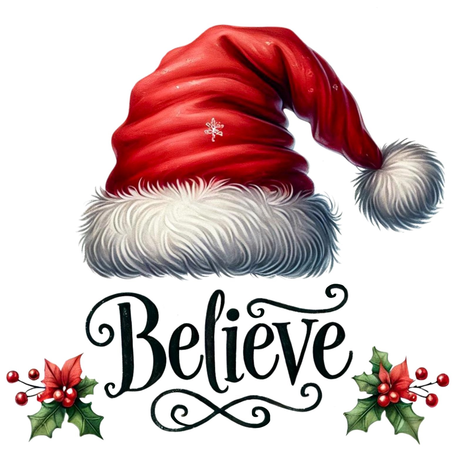 Red Santa hat above the word Believe in black script with poinsettias and holly.