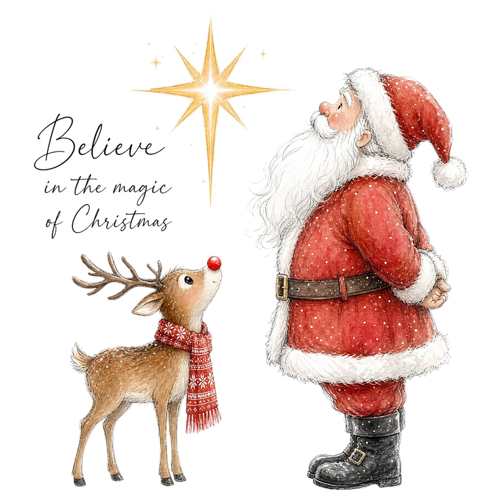 Santa and a small reindeer looking up at a golden star with Believe in the magic of Christmas script.