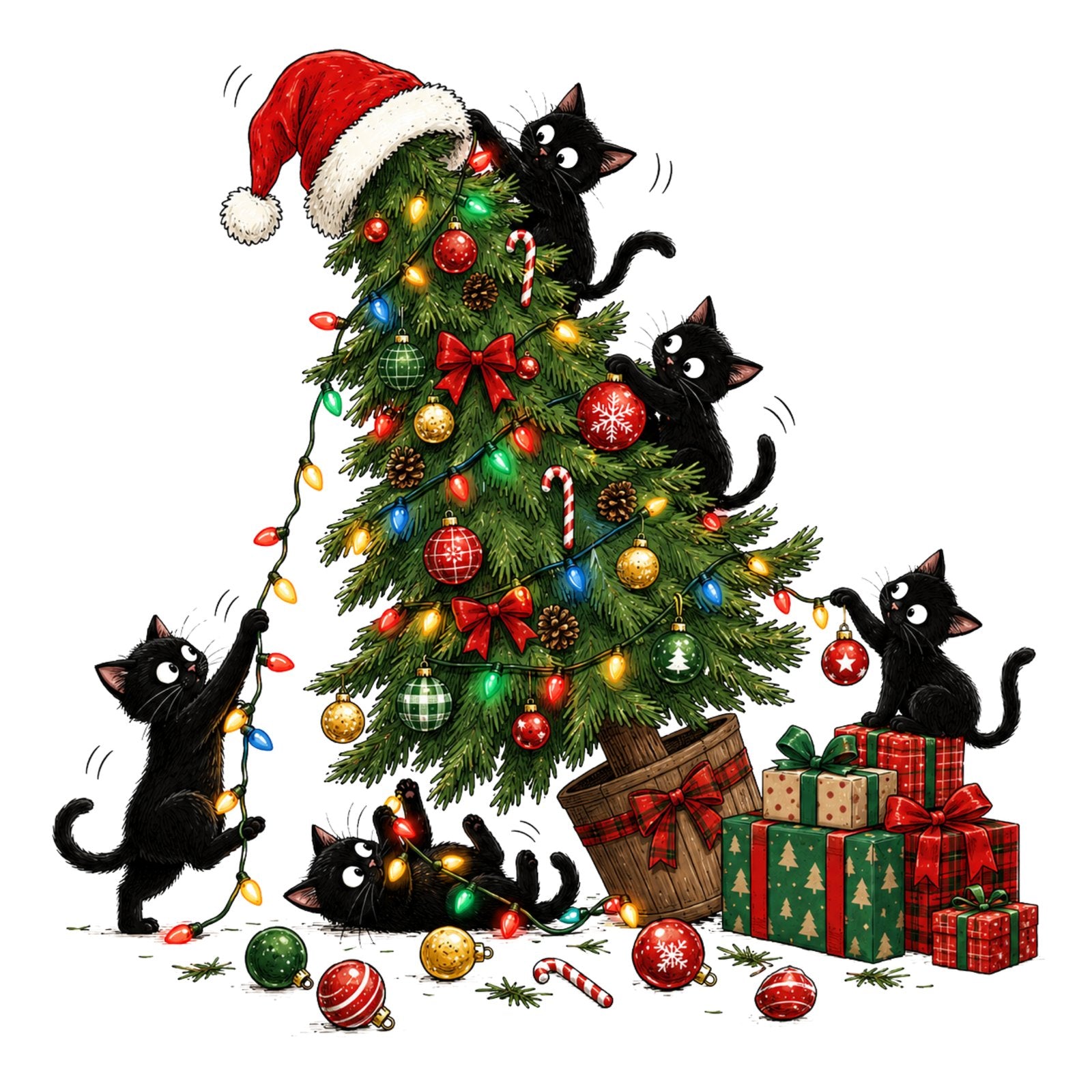 Several black cats climbing and knocking over a decorated Christmas tree with presents and ornaments.