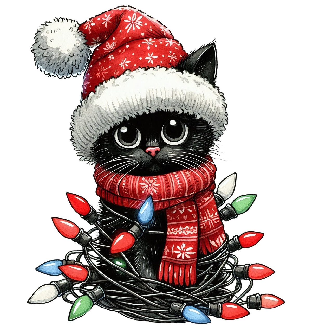 Black kitten in a Santa hat and red scarf tangled in colourful Christmas lights.
