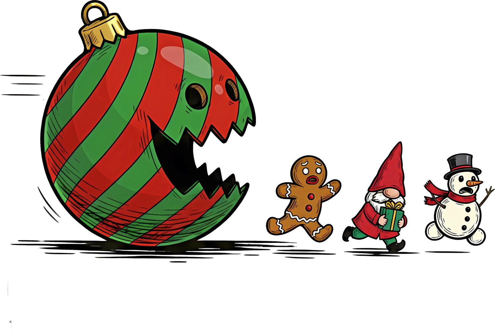 Striped Christmas ornament with an open mouth chasing a gingerbread man, gnome and snowman.