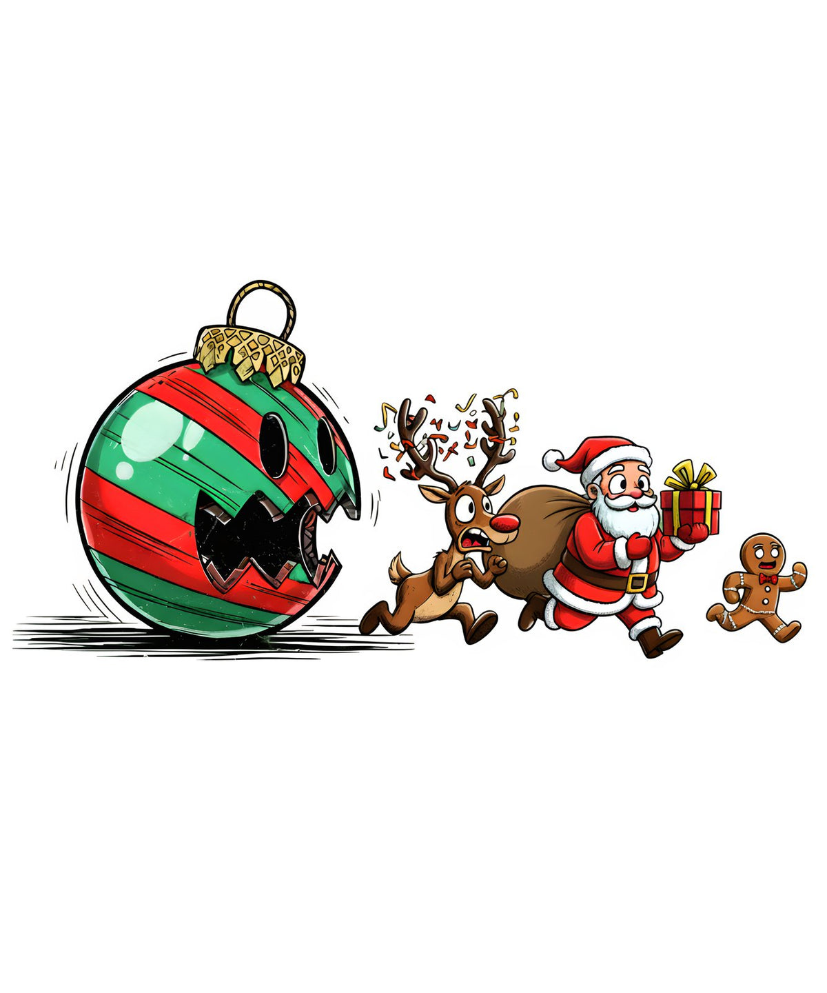 Striped Christmas ornament with an open mouth chasing a reindeer, Santa and gingerbread man.