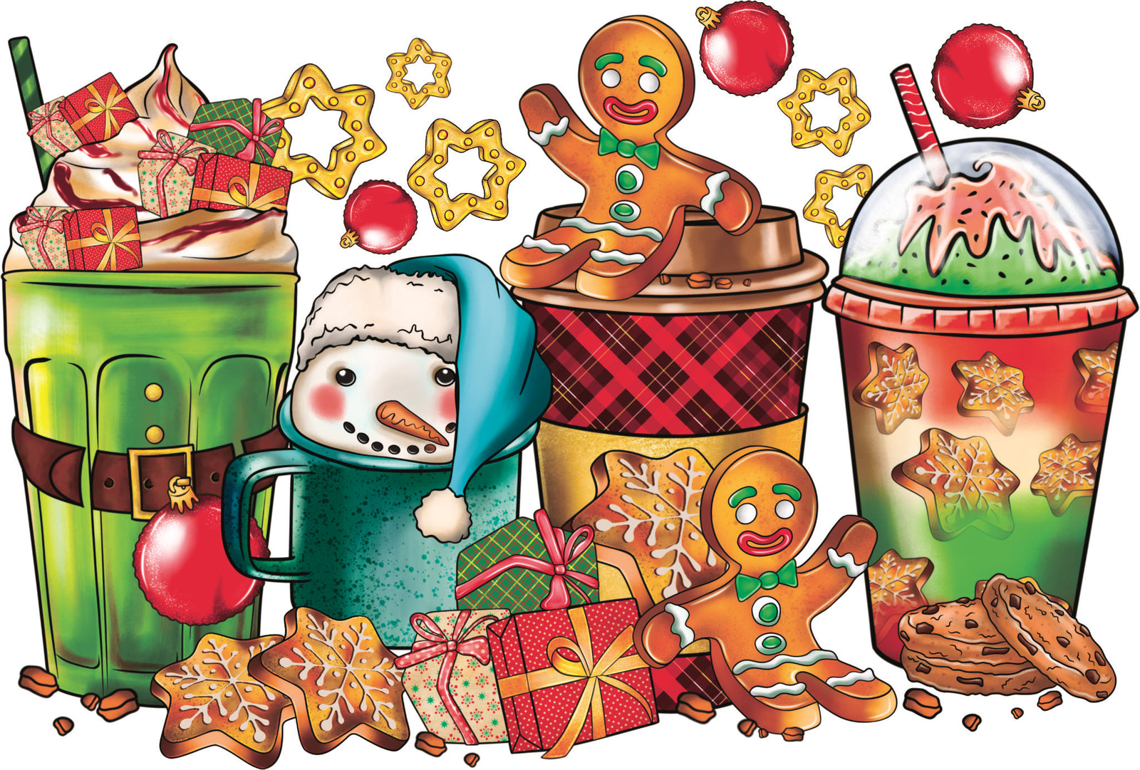 Christmas design with festive holiday drinks, gingerbread cookies, candy canes and wrapped presents.